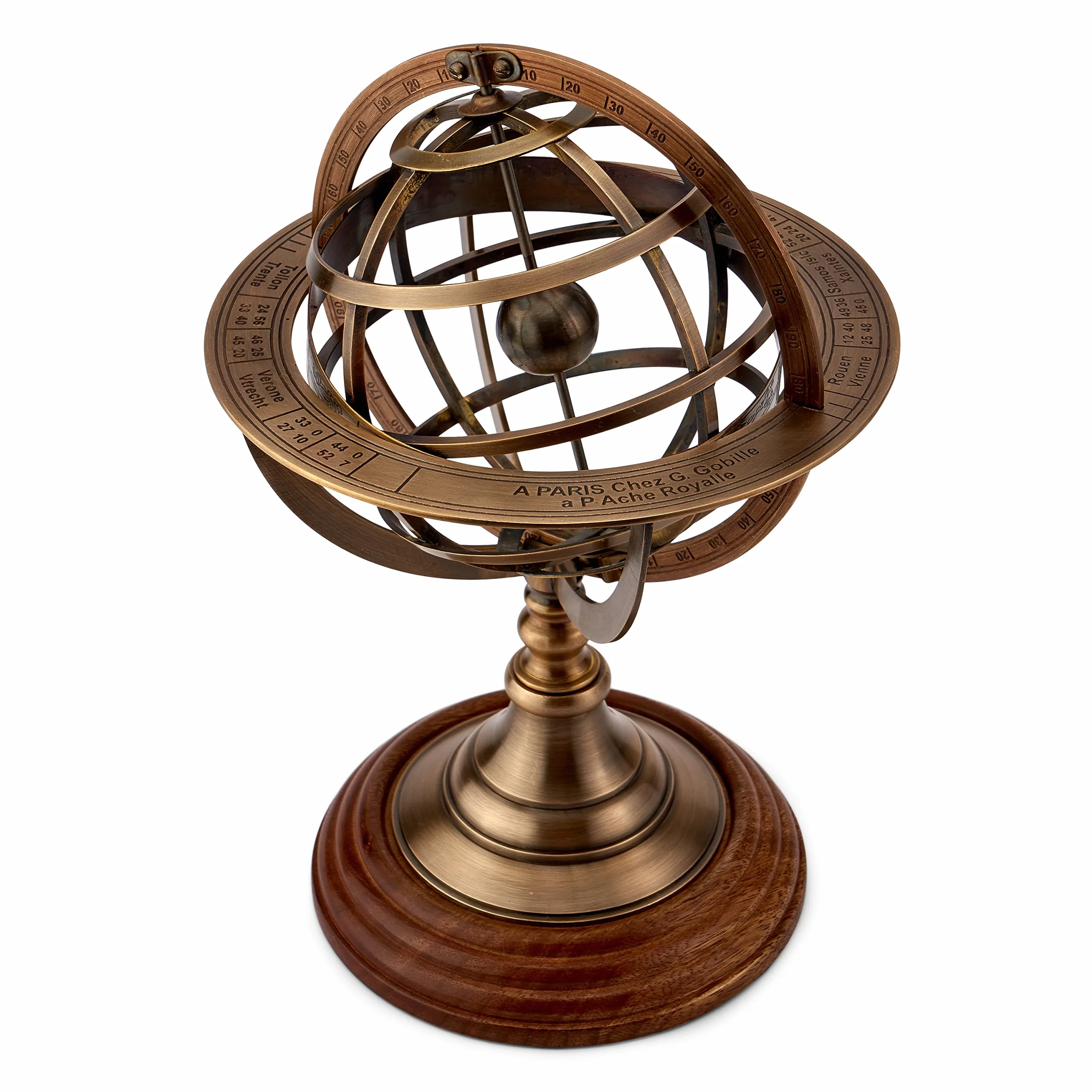 NKlaus Esfera armilar de latón antiguo, base de madera, 27 x 19 cm, bola armilar astronómica 11570
