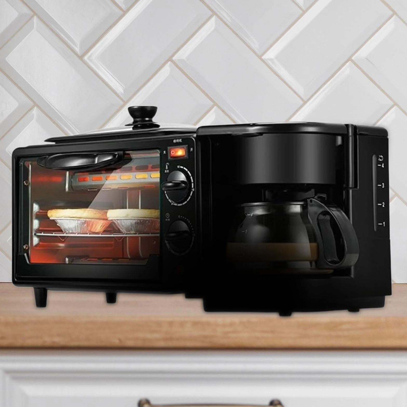 Gralara Máquina de Desayuno 3 en 1 Tostadoras Horno Horno con Temporizador Incluye Cafetera Estaciones de Desayuno Eléctricas Huevo