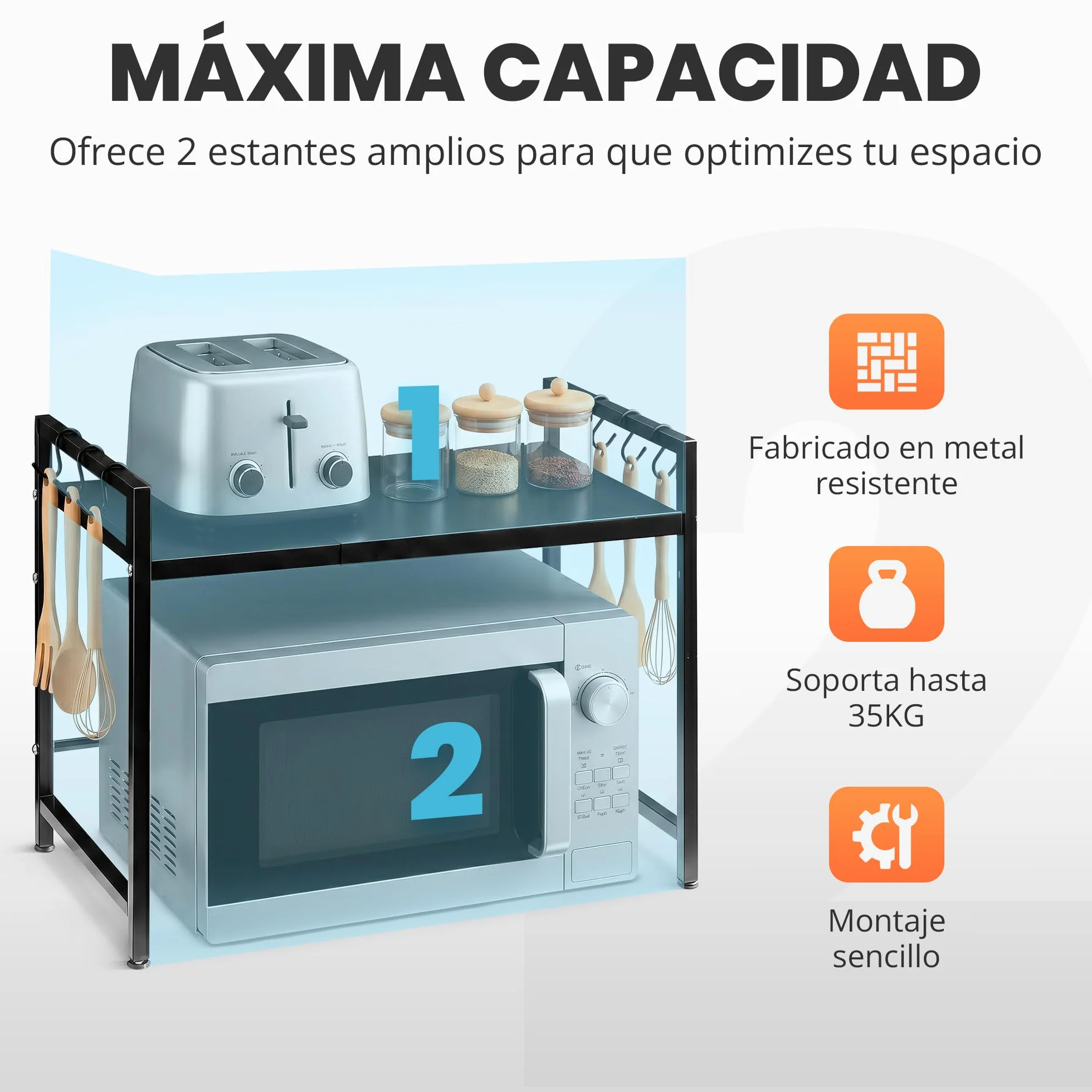 Soporte Microondas Ajustable Cocina Estante Extensible Encimera Mueble Organizador con Estantería Resistente