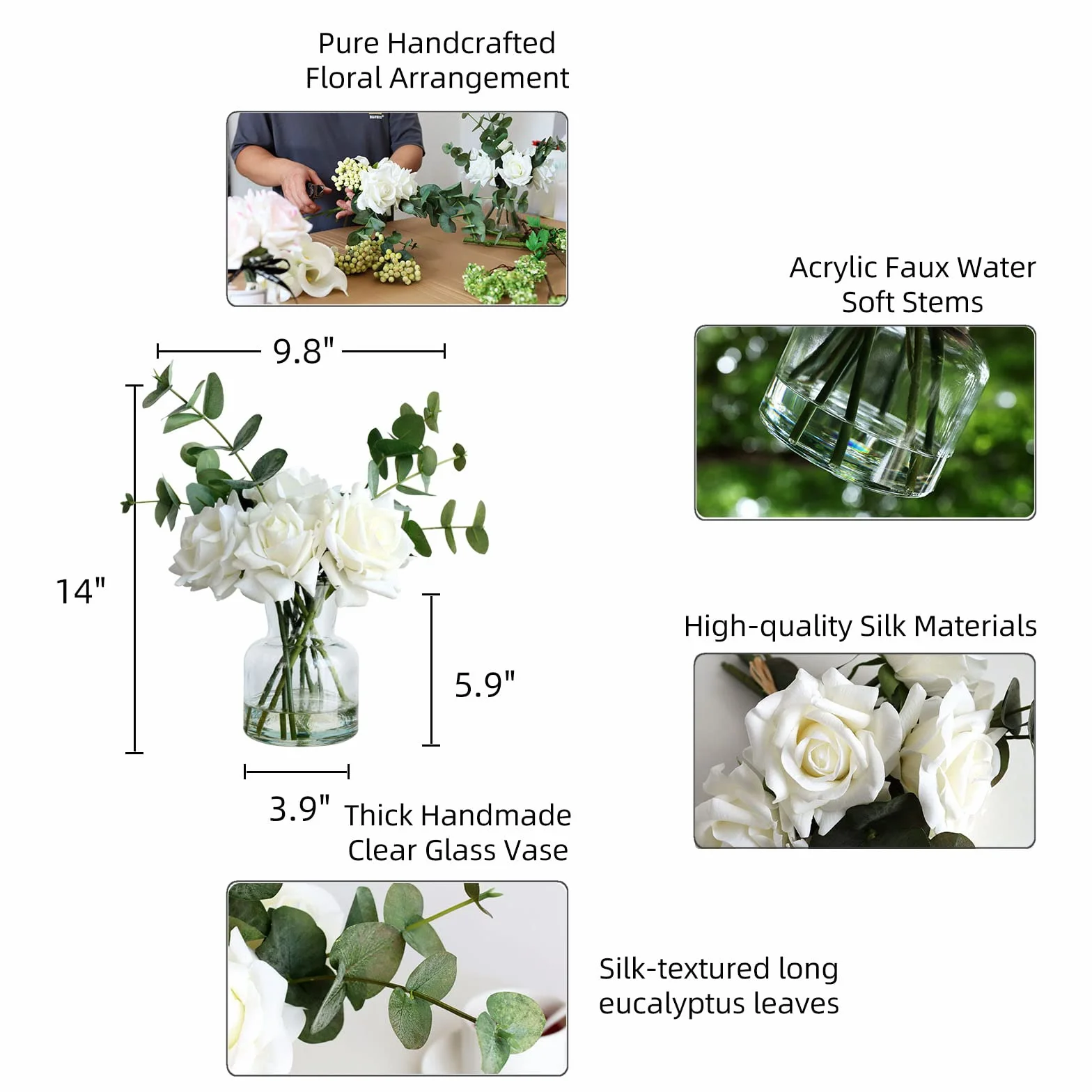 Flores Artificiales de 14 Pulgadas con Rosas Blancas en jarrón, Flores Falsas en jarrón de Agua Artificial, arreglos Florales de Seda en jarrón con Flores Artificiales para decoración de Mesa