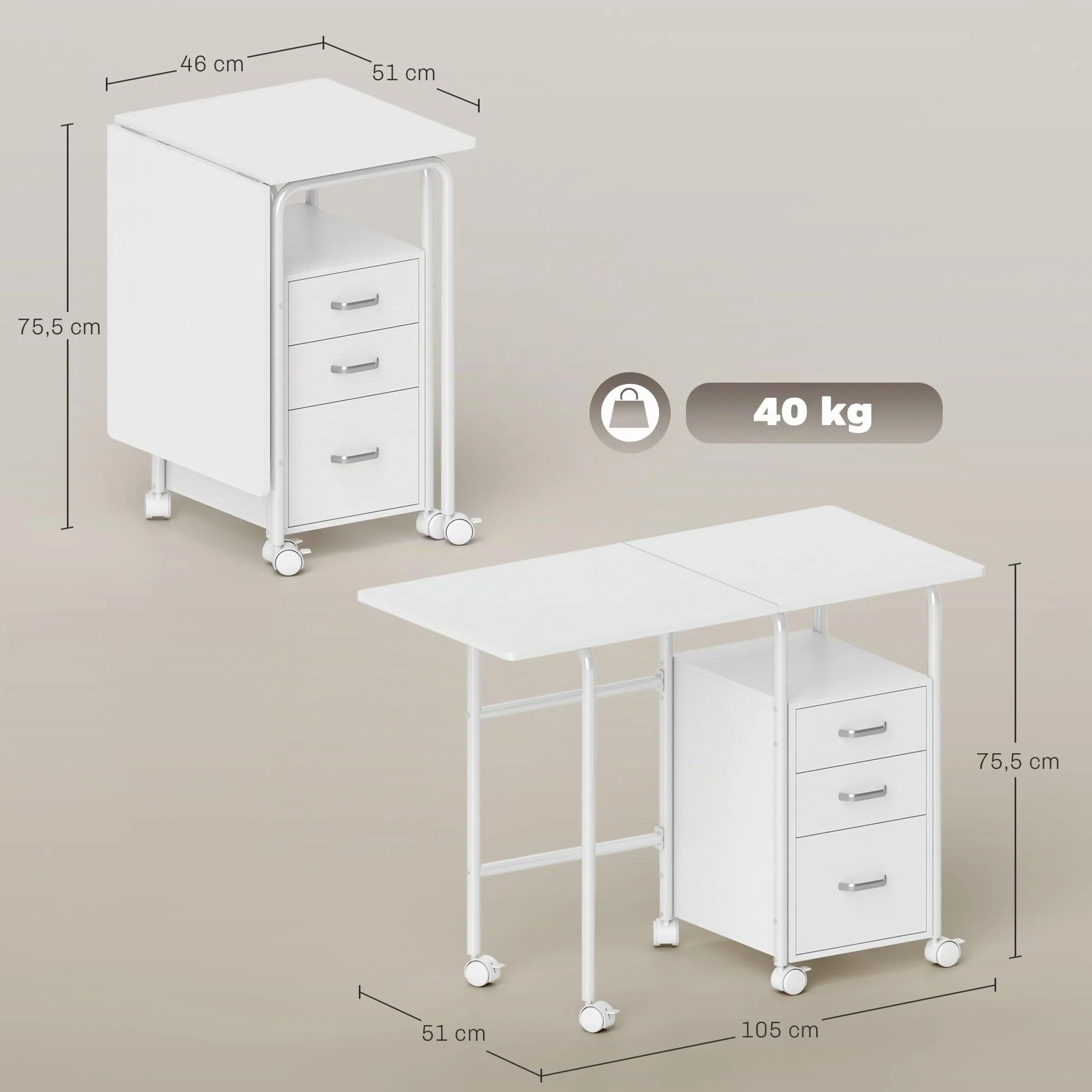 HOMCOM Escritorio Plegable con Ruedas y 3 cajones 105x51x75,5 cm Blanco | Escritorio para ordenador, sobre extensible, estructura de acero, para teletrabajo, dormitorio, estudio, estilo moderno.