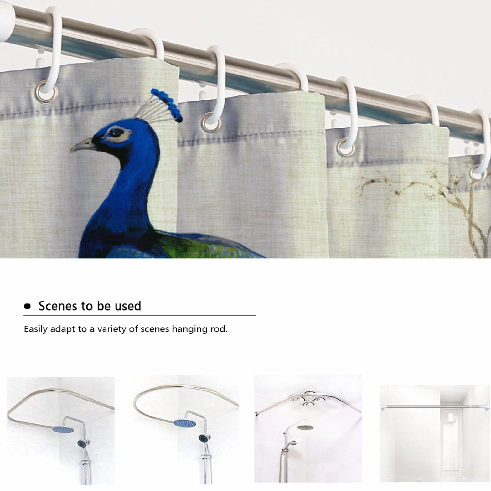Cortina de Ducha de Pavo Real Azul Decoración de Cortina de baño Familiar Tela Impermeable Cortina de baño húmeda y Seca separada con Ganchos W220xL200cm