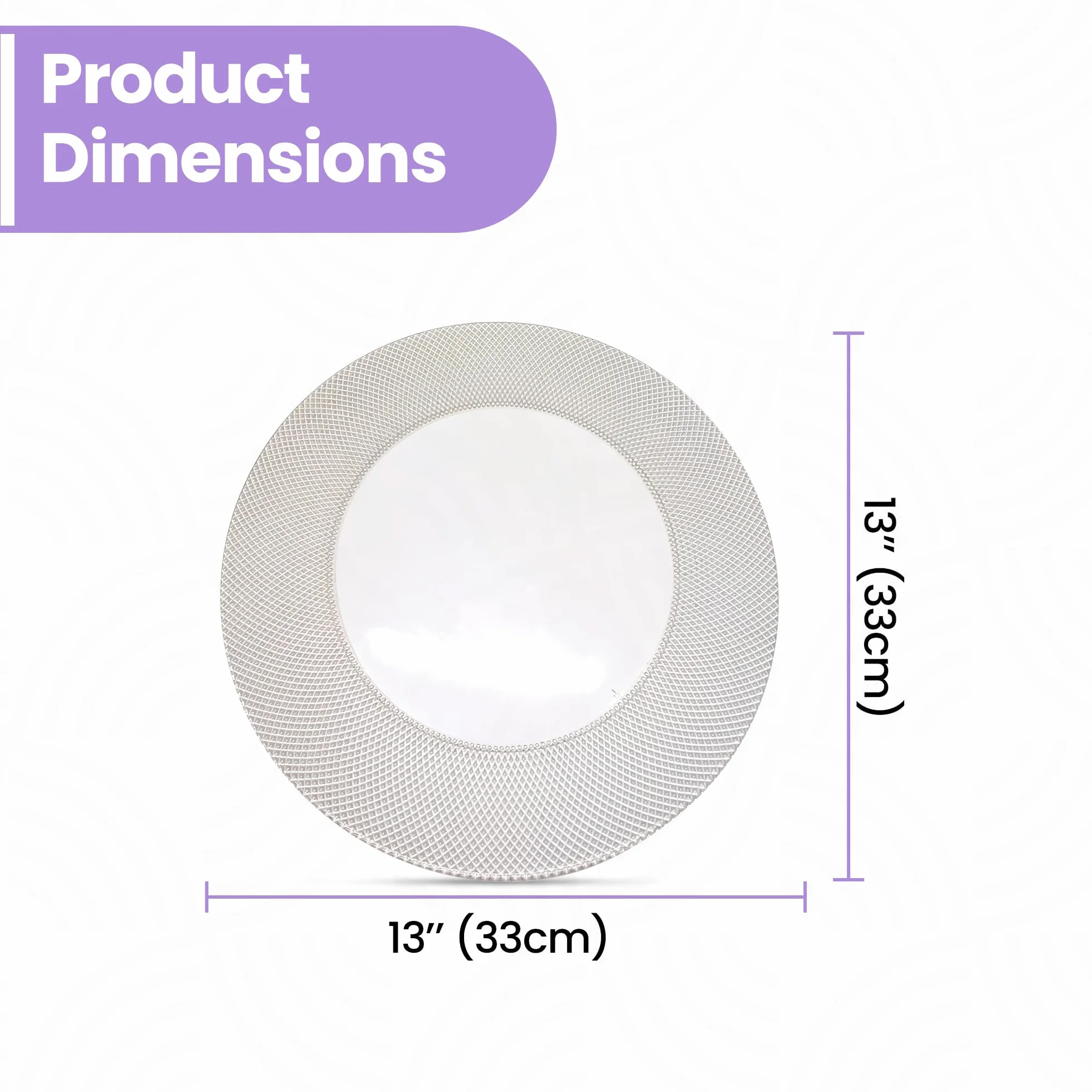 Elegante plato de carga de vidrio a cuadros plateado de 33 cm, placa inferior redonda ideal para bodas, fiestas, aniversarios, fiestas de cumpleaños, vajilla y eventos de catering, 6 unidades