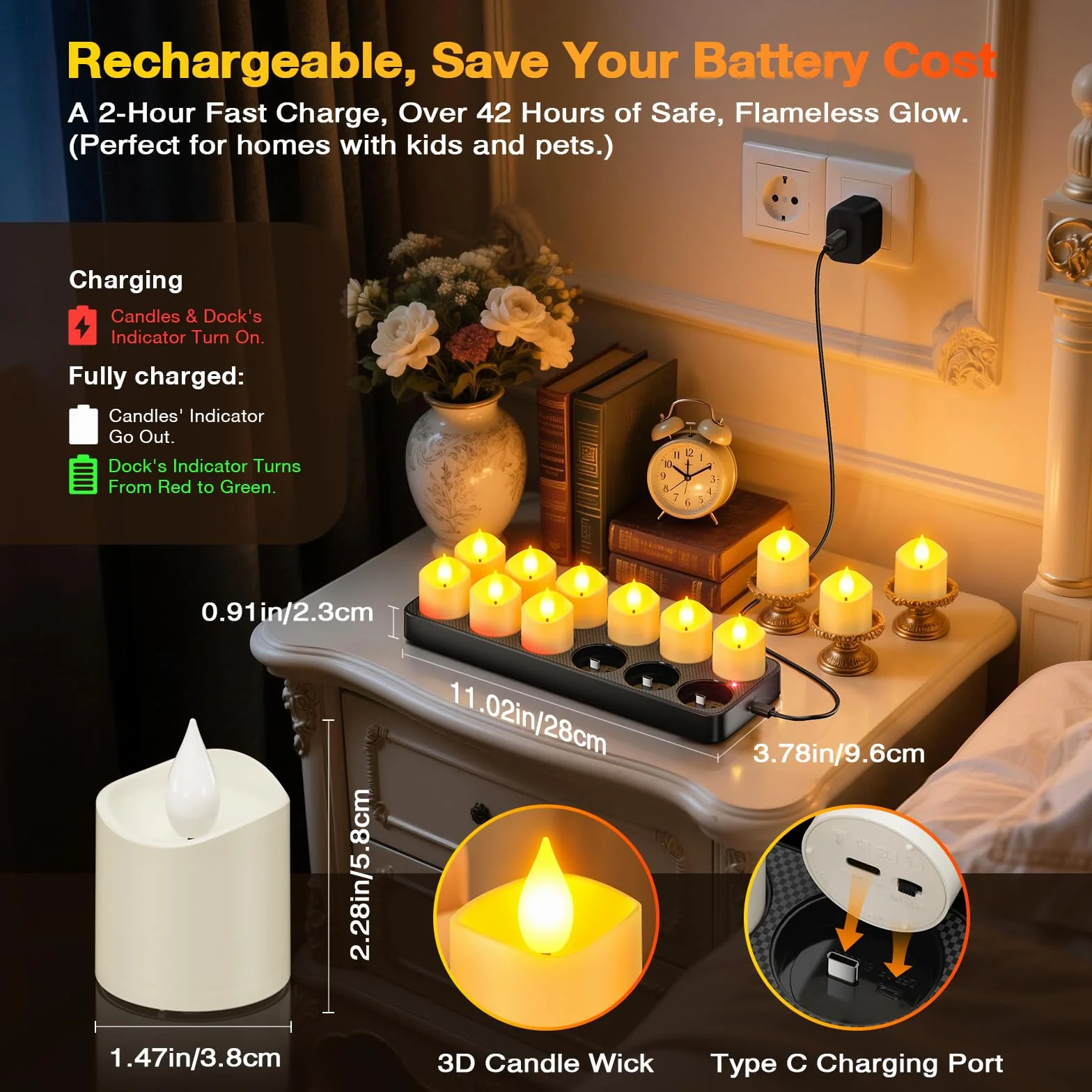 Yme 12 Piezas Velas de Té LED Recargables USB con Base de Carga, Vela LED Efecto Llama Velas Electricas Decorativas con Mando a Distancia para Halloween Navidad Fiesta Hogar Cara Decoración