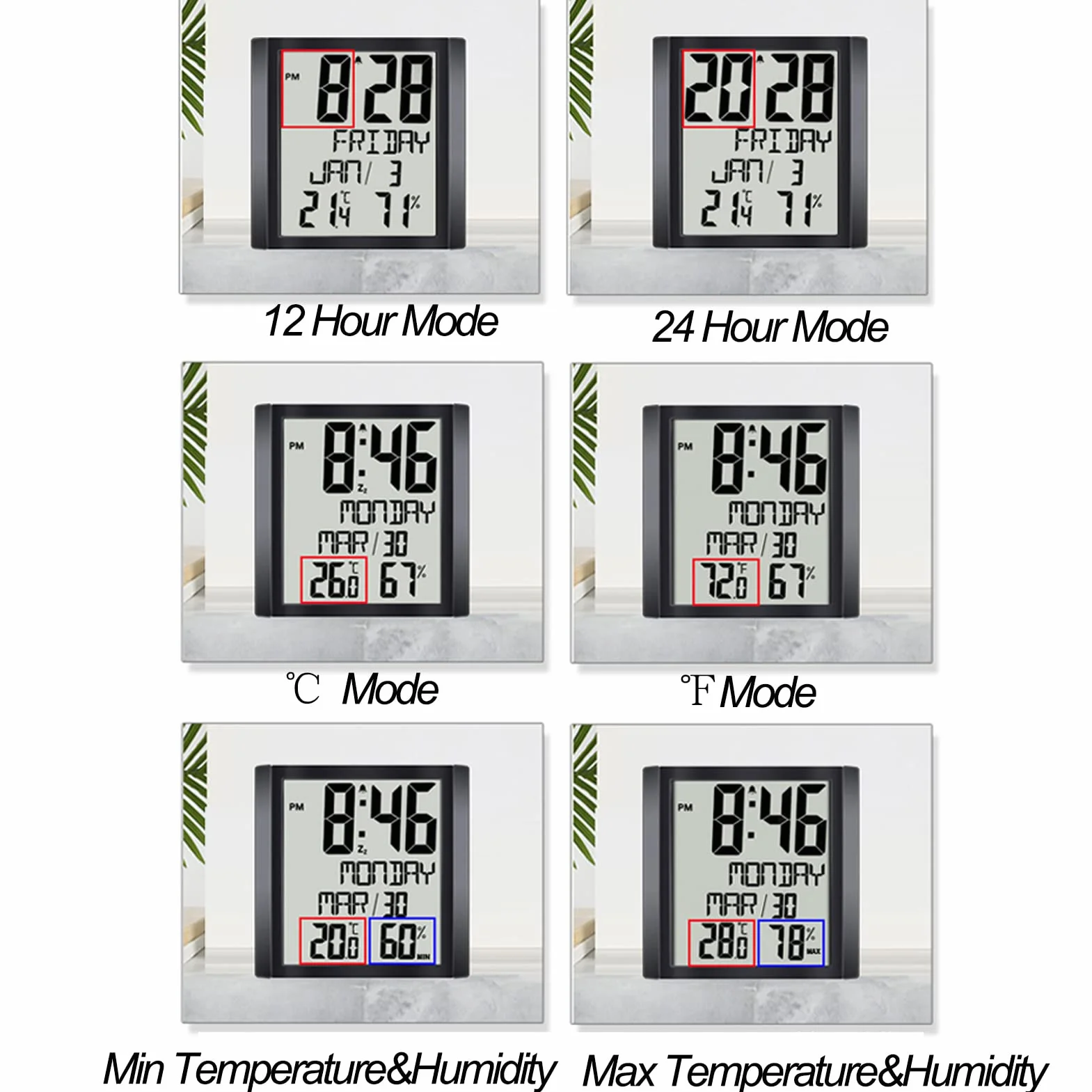 ThreeH Reloj Digital de Pared Reloj de Escritorio con Temperatura Humedad Fecha Semana Gran Pantalla Calendario Despertador a Pilas Mayores