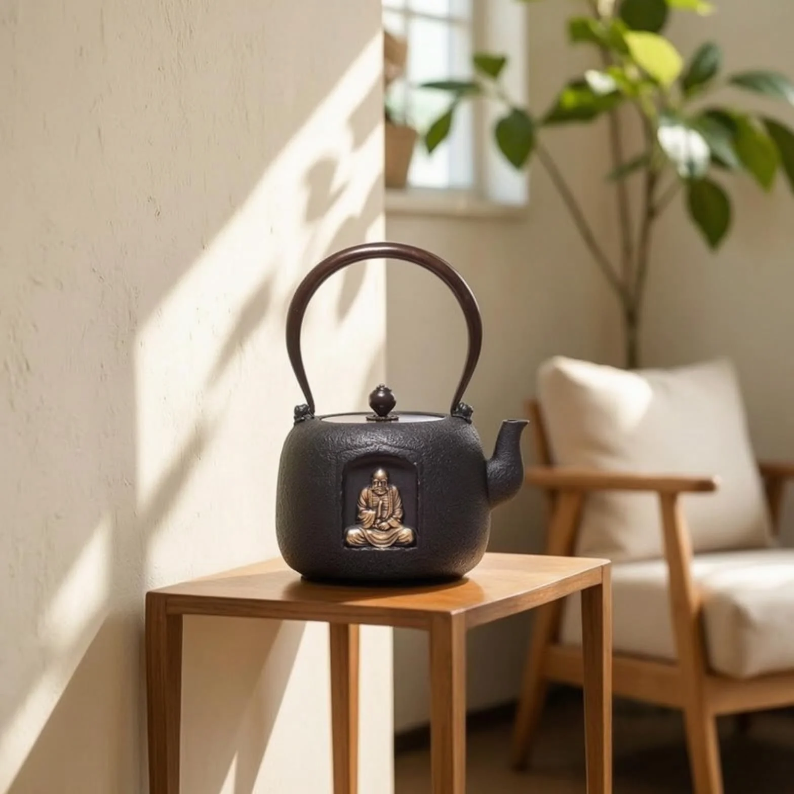 Tetera Hierro Fundido con Tapa Rústica Tetera Hierro Fundido Térmica Vajilla para Aficionados del Té, Tetera De Hierro Fundido con Diseño De Daruma Dorado