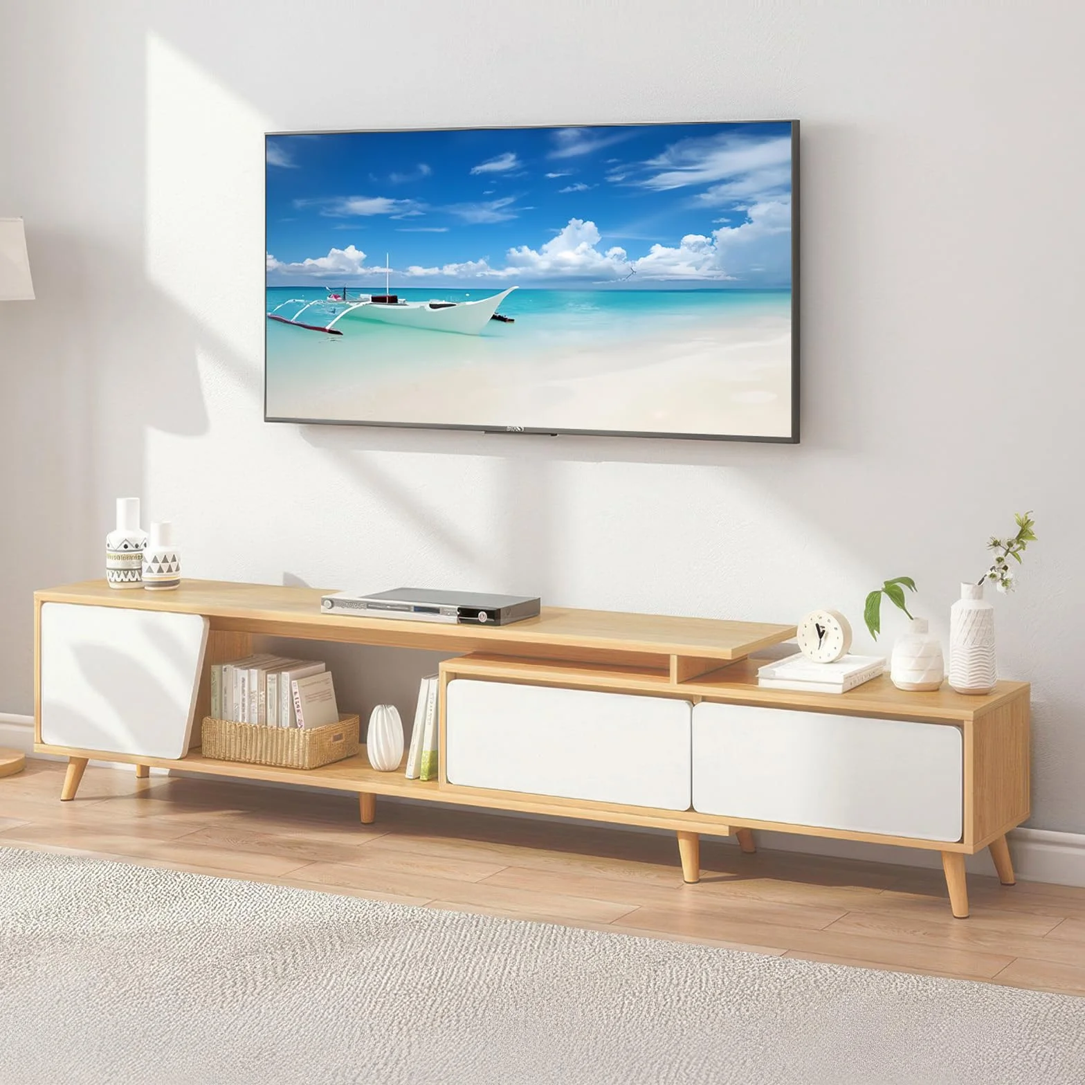Mueble de TV Extensible (140-190 cm) con 2 cajones, 1 Armario con Puerta, 1 Compartimento Abierto, Color Blanco y Madera, para salón y Dormitorio