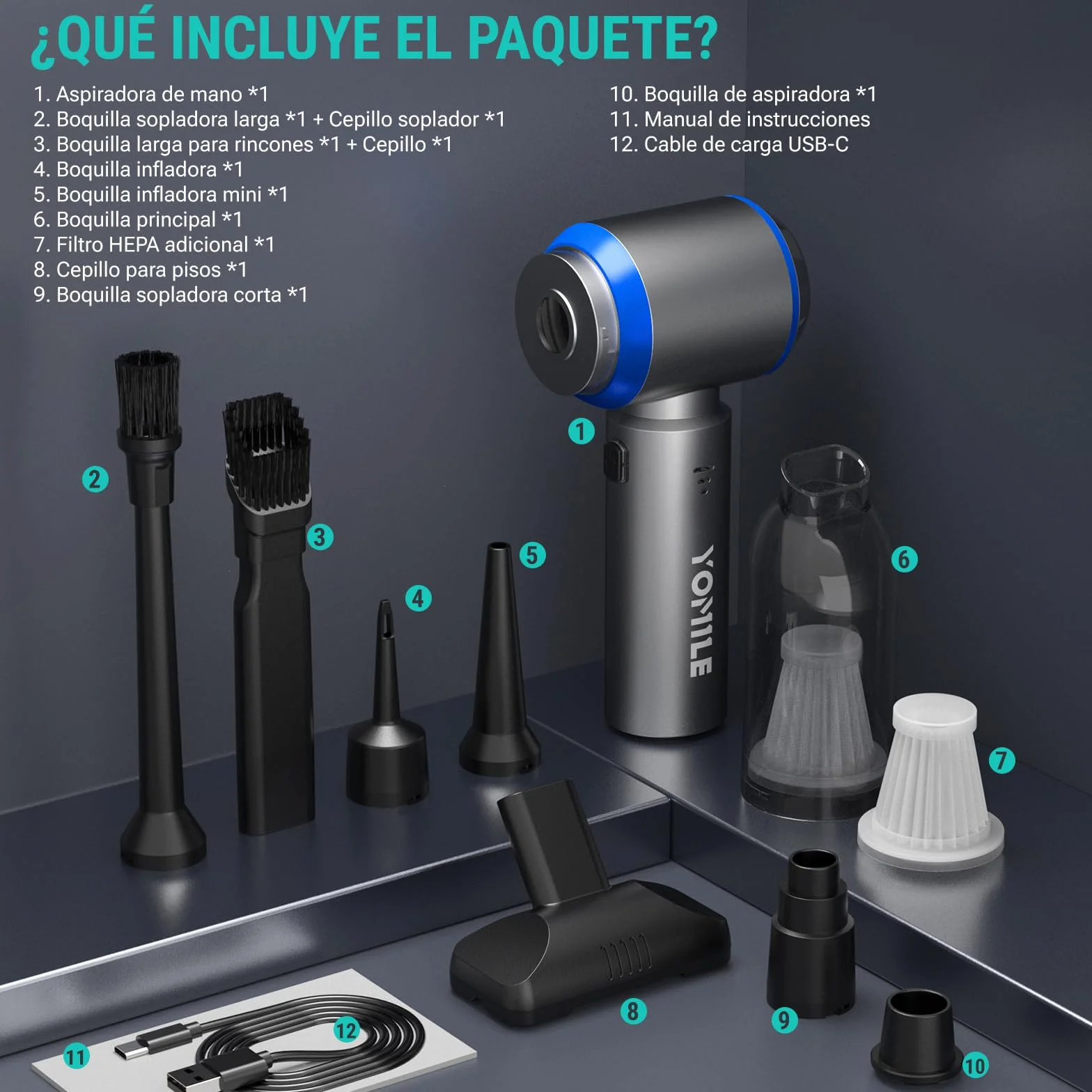 Yomile Aspirador de Mano 25000Pa 120W Recargable sin Escobillas 210.000 RPM sin Cable para Coche