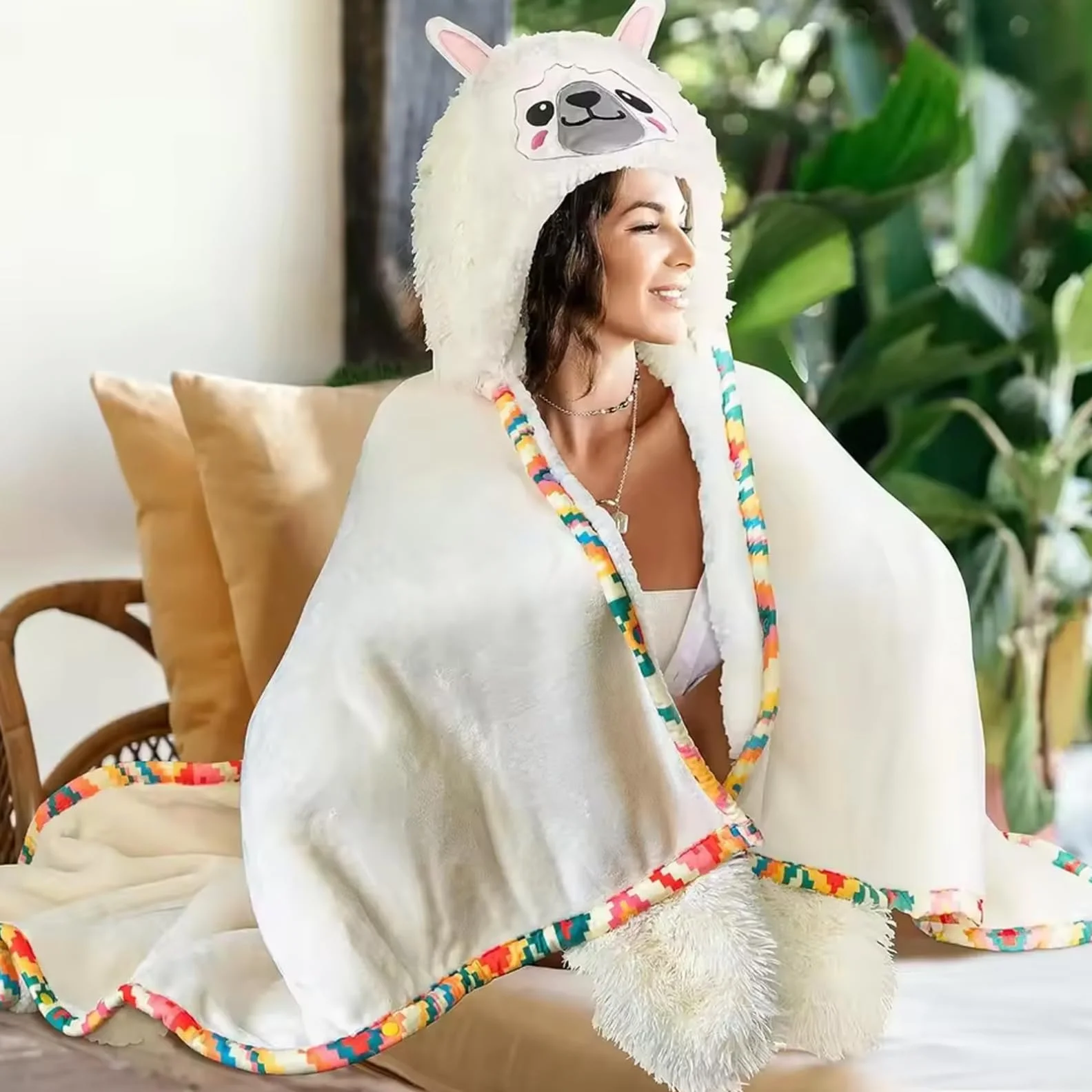 Manta Portable con Capucha de Manta de Invierno de Alpaca Suave y esponjosa para Adultos para Mujeres dormitorios de Adultos