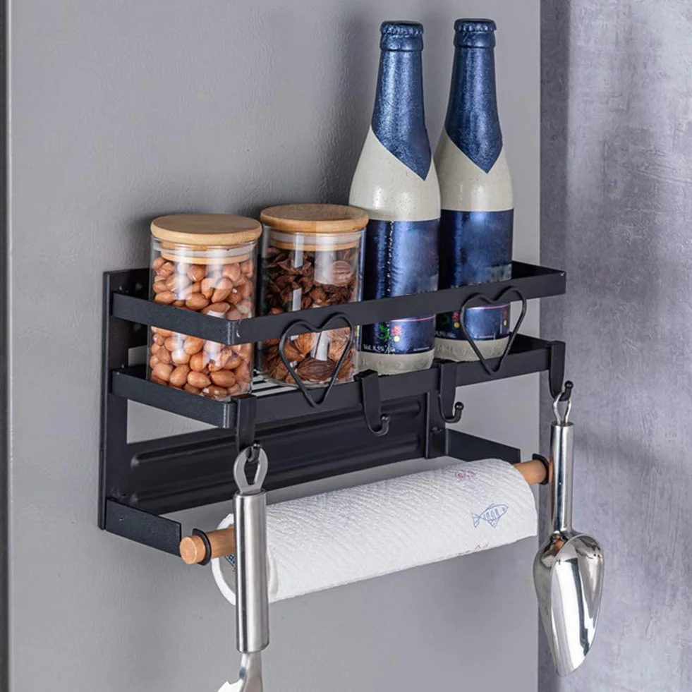 Estante magnético para especias para nevera con soporte para toallas de papel, estante montado en la pared, almacenamiento de especias y dispensador de rollos de cocina para baño