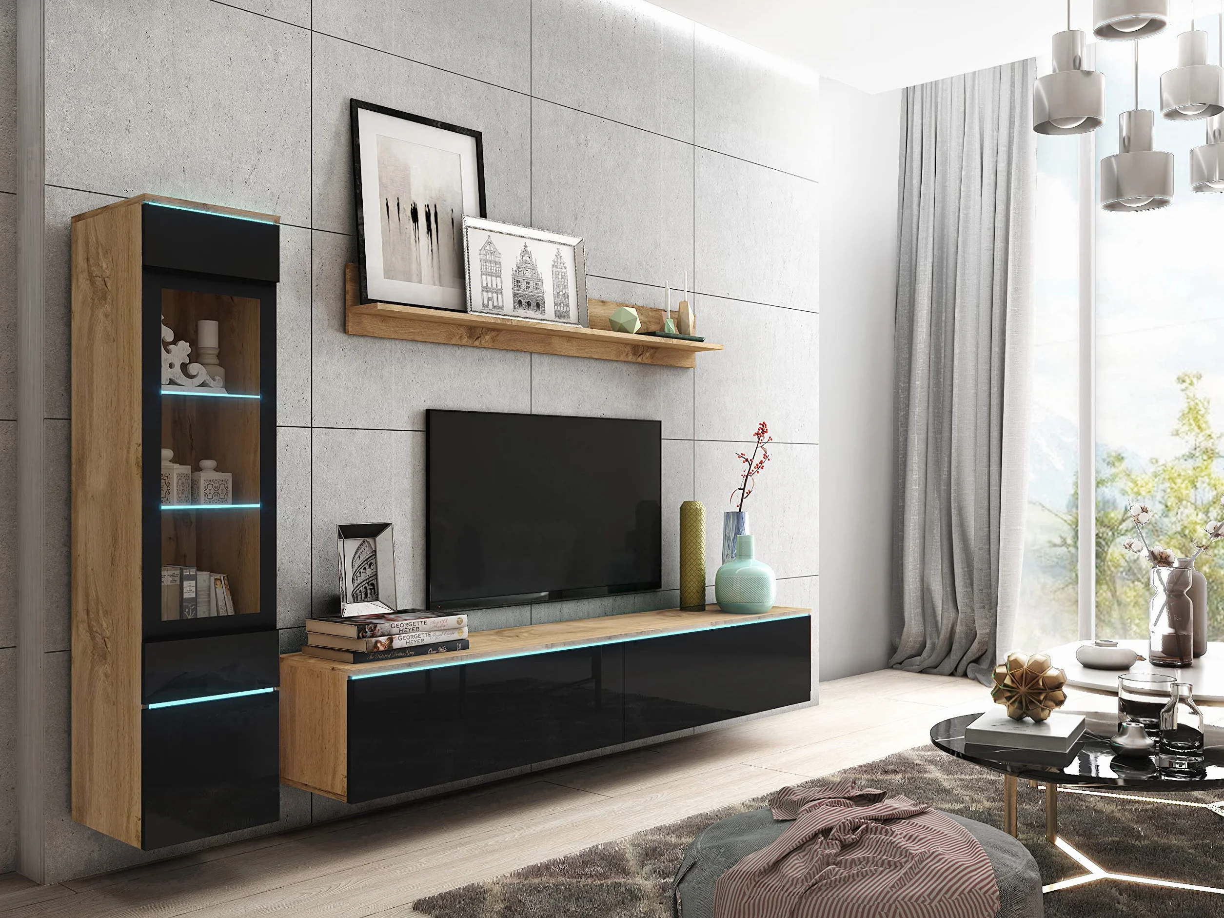 PIASKI Conjunto de Muebles de Salón Vera I con Vitrina, Mueble de TV y Estantería, Tablero Laminado MDF, Iluminación LED Opcional, Wotan/Negro Brillo 3 Piezas