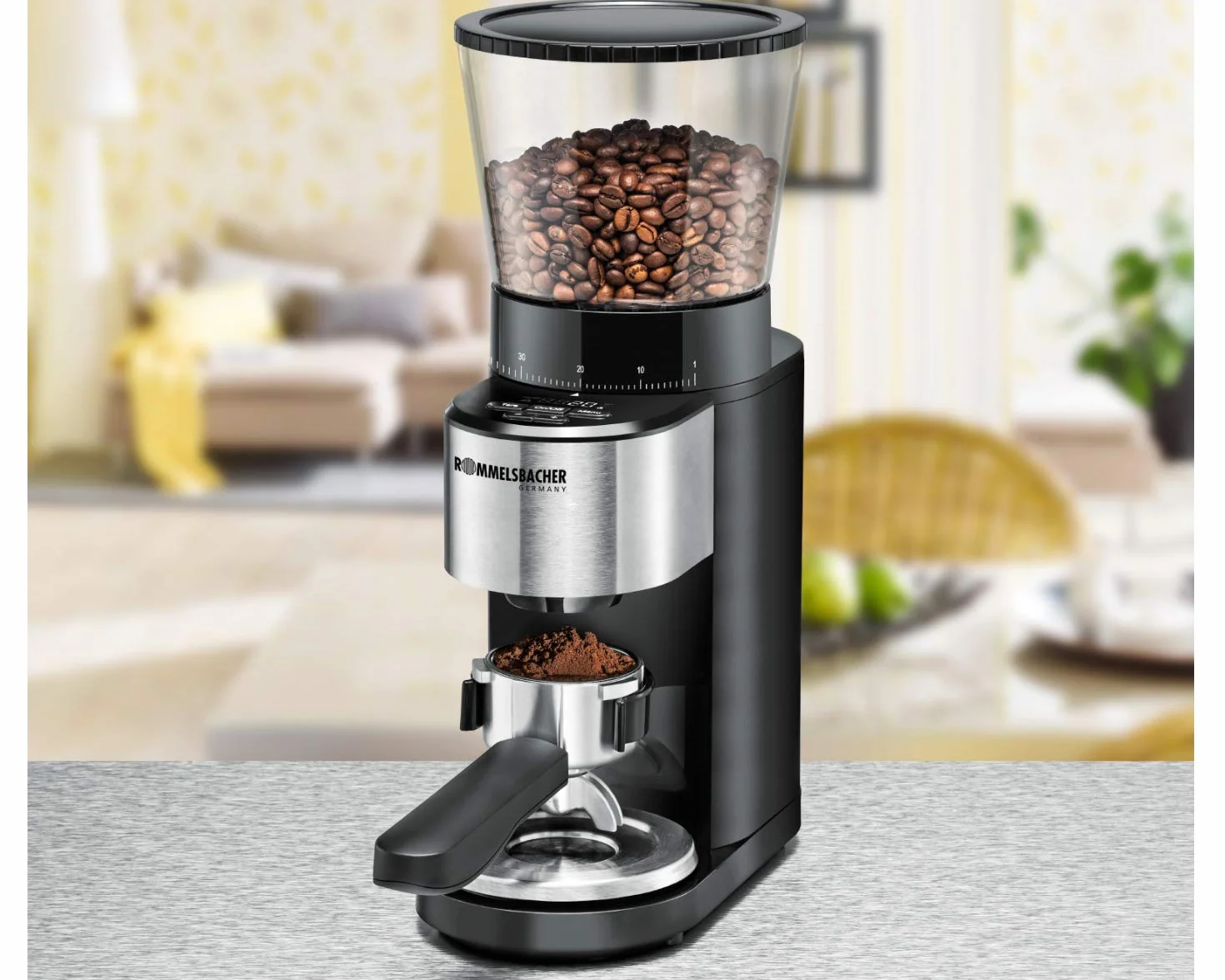 ROMMELSBACHER Molinillo de café EKM 500, mecanismo cónico, báscula de precisión, soporte para filtro, grado de molienda en 39 niveles, 5 teclas de función para uso individual y flexible