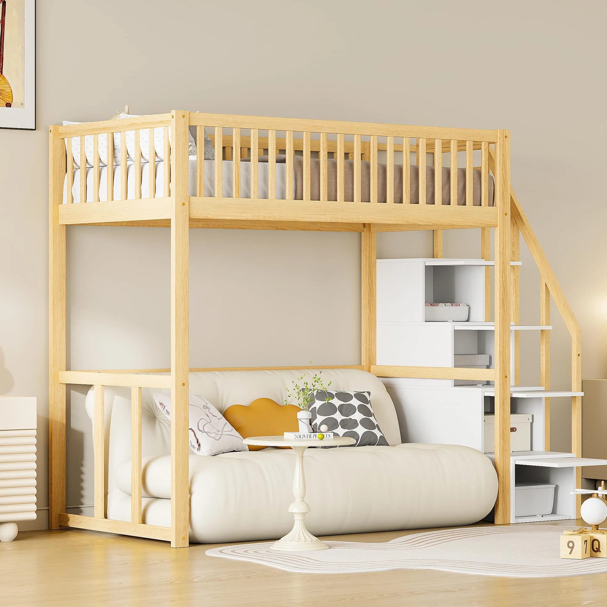Moimhear Cama alta 90 x 200 cm con escalera de almacenamiento de seguridad, estructura de cama de pino macizo para niños y jóvenes (color madera + blanco)