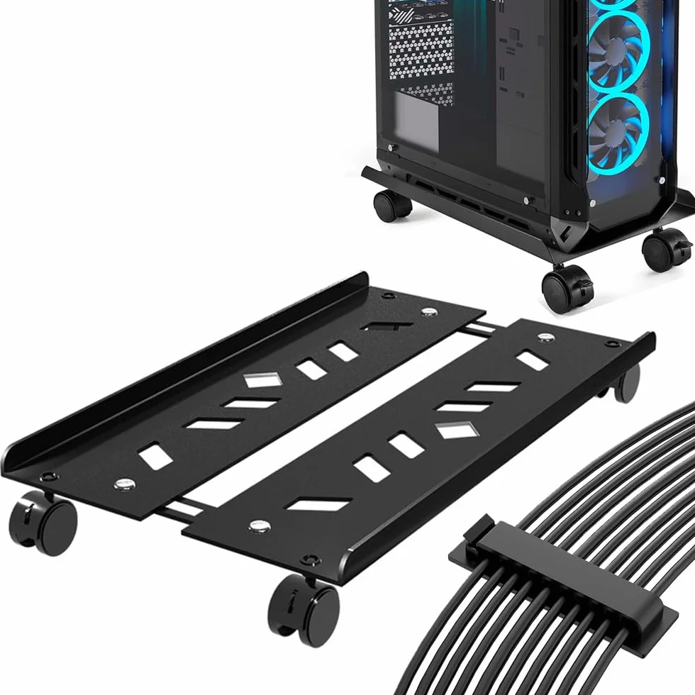 Soporte CPU, Soporte Torre Ordenador con Clips Organizador de Cables Autoadhesivo, Soporte para PC Ajustable Móvil con 4 Ruedas, Negro