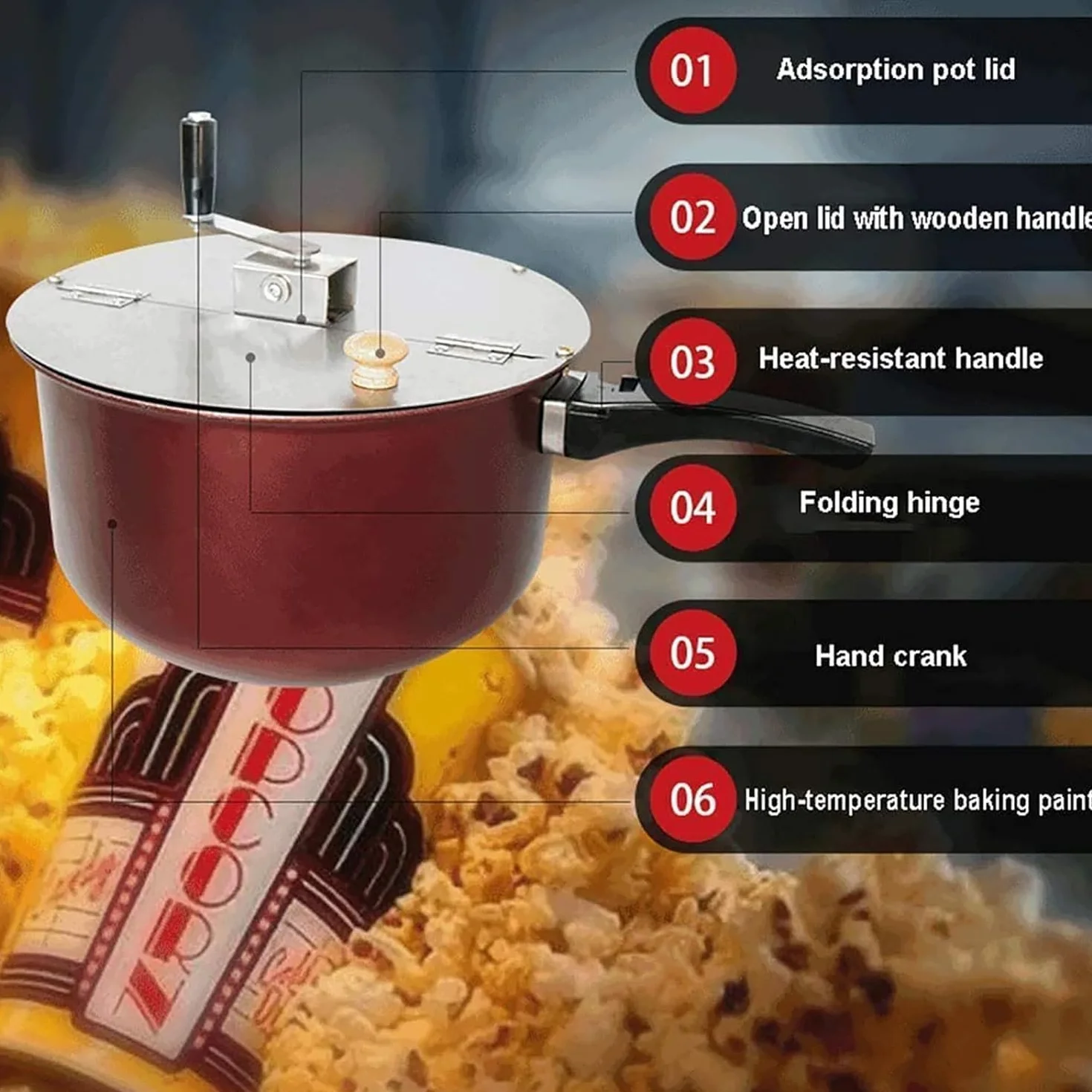 Máquina de palomitas de maíz para el hogar, olla de palomitas de maíz antiadherente de manivela a mano con mango antiquemaduras, tapa extraíble, varilla de agitación gruesa, cocina de inducción