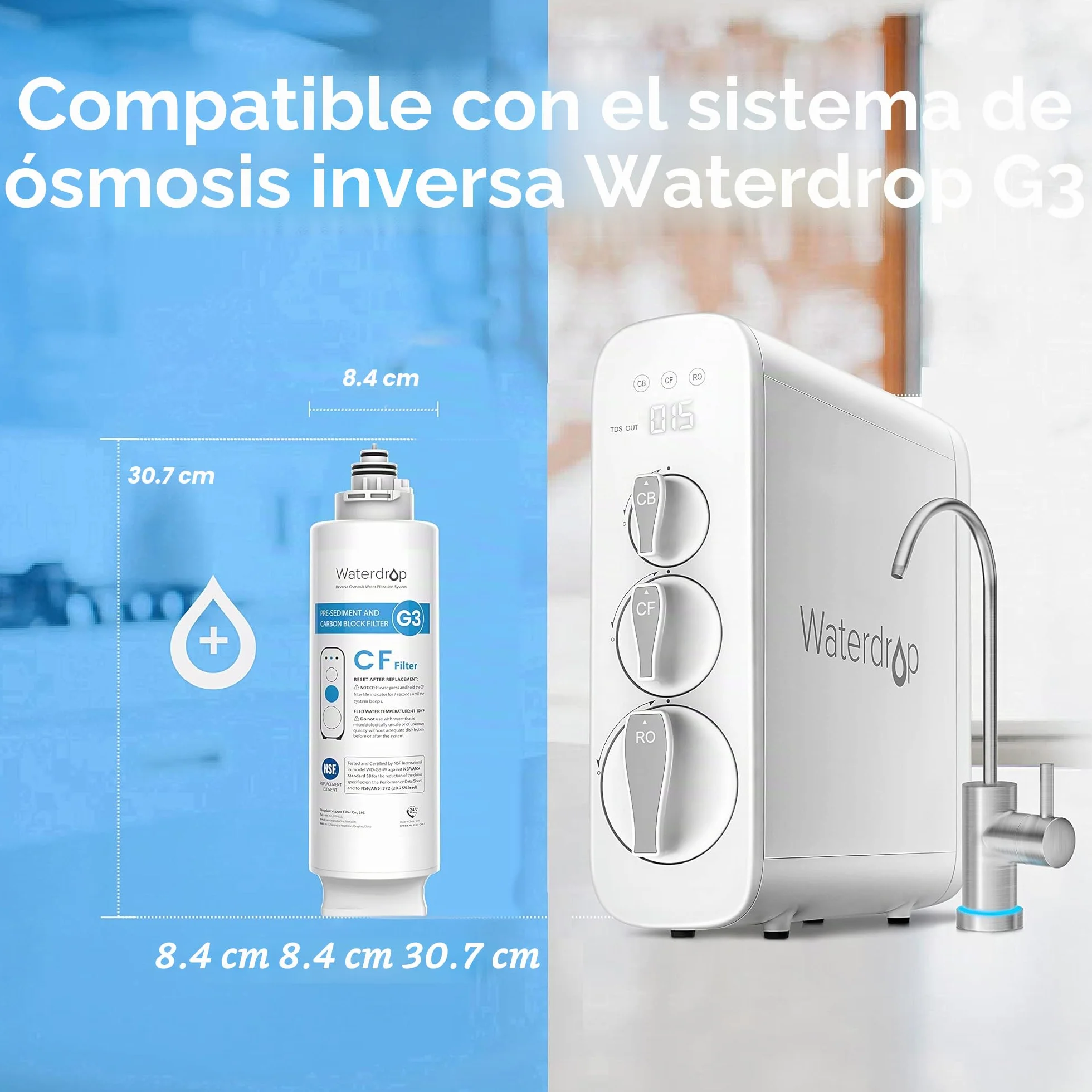 Waterdrop Filtro WD-G3-N1CF, 6 meses de vida útil, Reemplazo para el Sistema de ósmosis inversa WD-G3-W