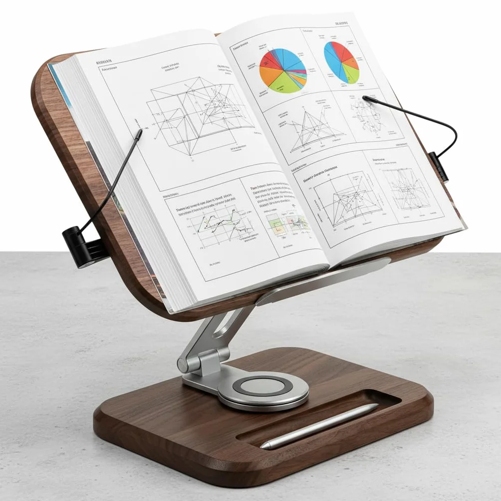 Atril de Lectura Soporte Giratorio para Libros Partituras y Portátil con Estructura de Madera y Metal de Adecuado para Oficina Cocina