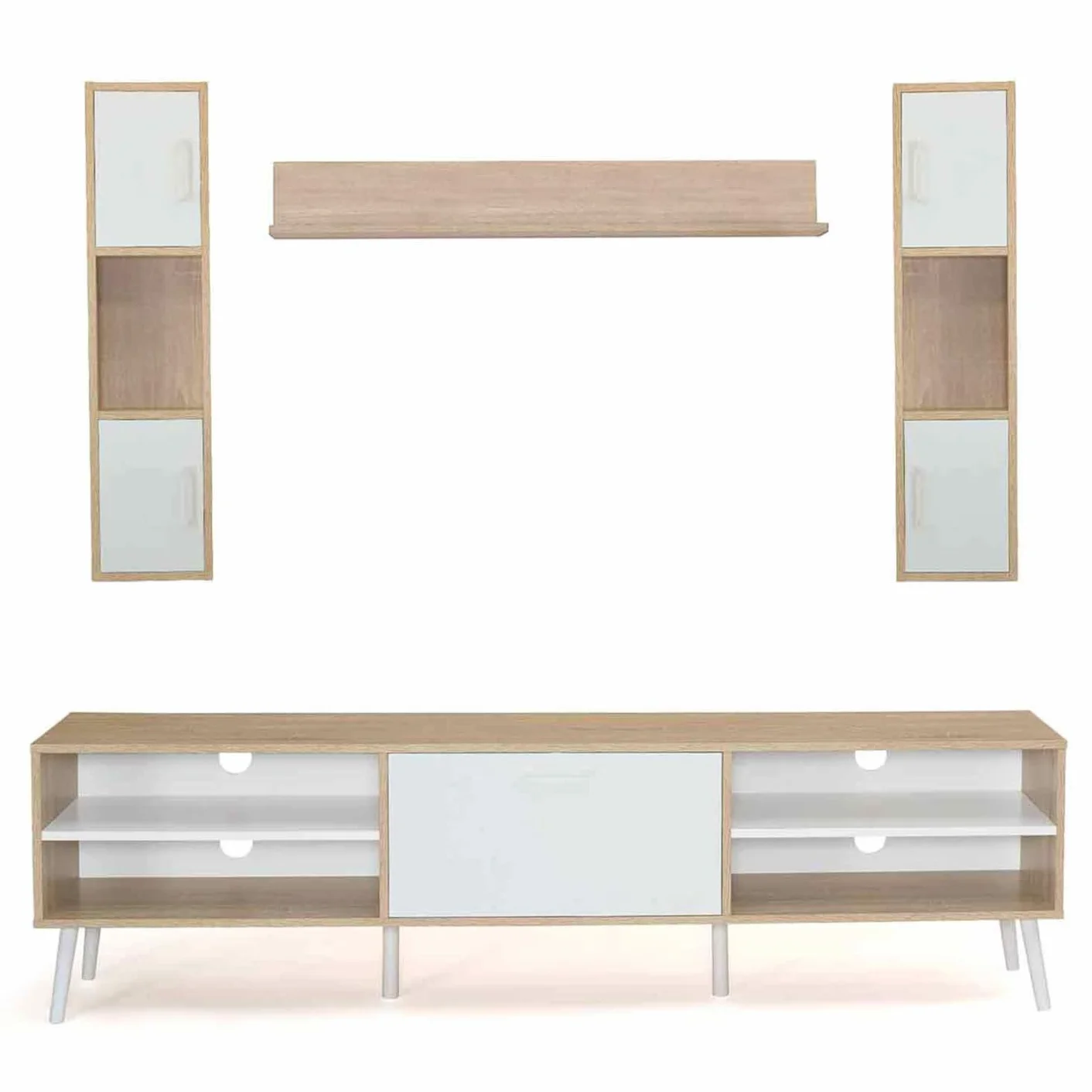 IDMarket - Conjunto de mueble de TV de 180 cm y estantes Houston de madera y blanco