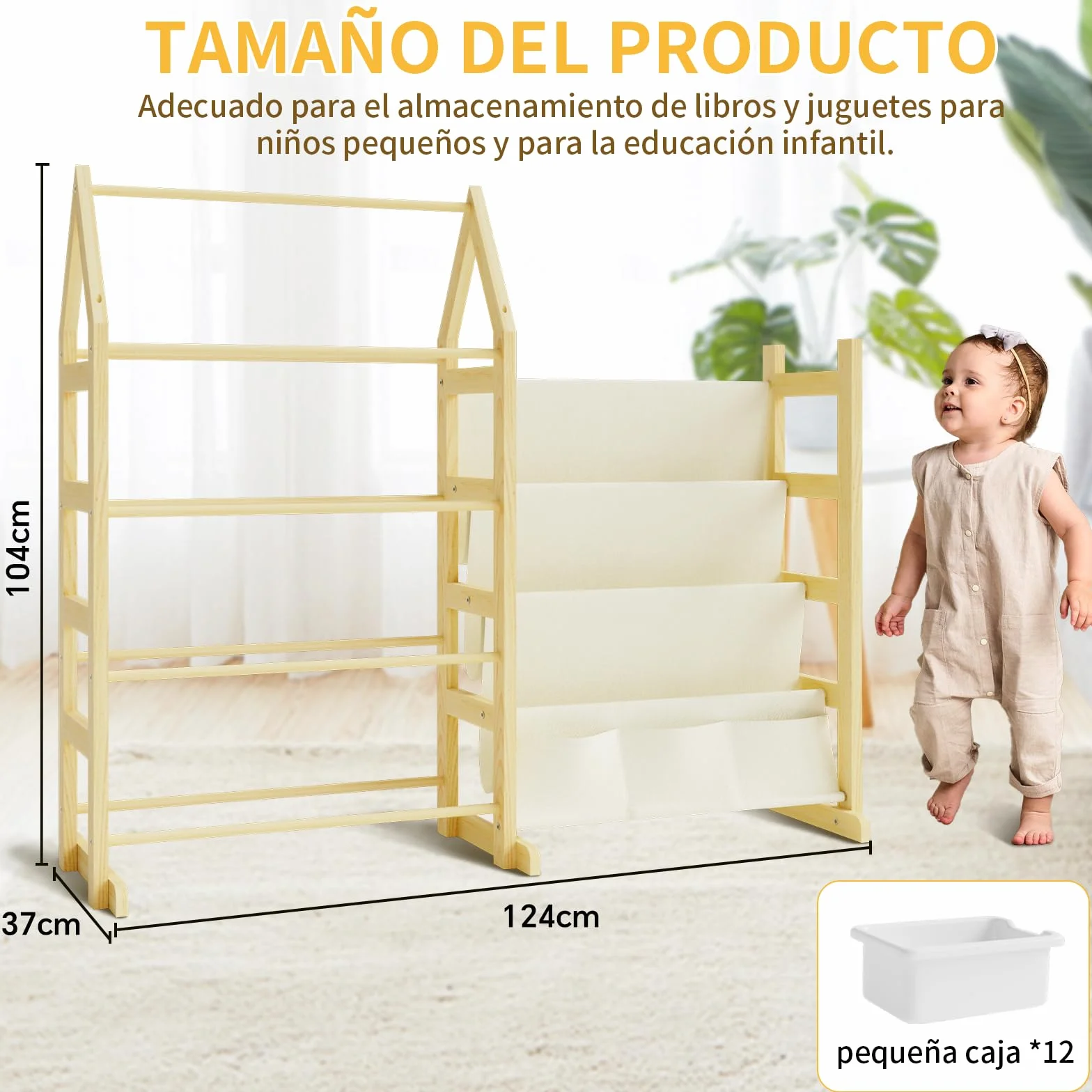 4 Niveles Organizador Juguetes Libreria Infantil Madera, con 12 Caja Almacenaje Juguetes, Mueble Juguetes Estanteria Libros Infantil Montessori, para Dormitorio, Habitación Niños, Sala Juego