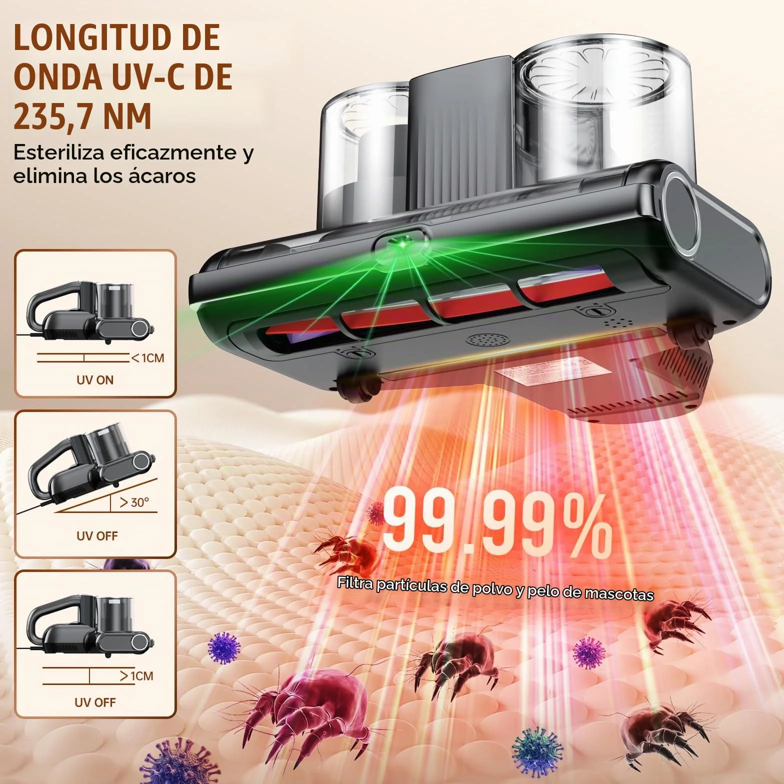 16Kpa Aspirador de Mano, Aspirador Antiácaros para Ácaros con Luz UV, 500W Handabsauger mit Kabel (Gris Oscuro)