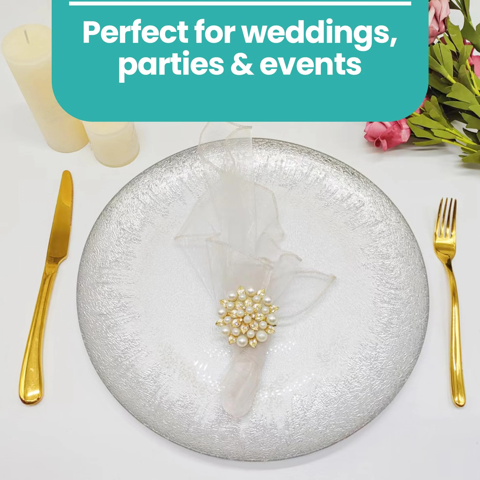 Platos de carga decorativos para fiestas, platos de vidrio con ribete plateado para decoración de mesa de comedor, bodas, cumpleaños, fiestas, vajilla, eventos de catering, 33 cm, 6 unidades