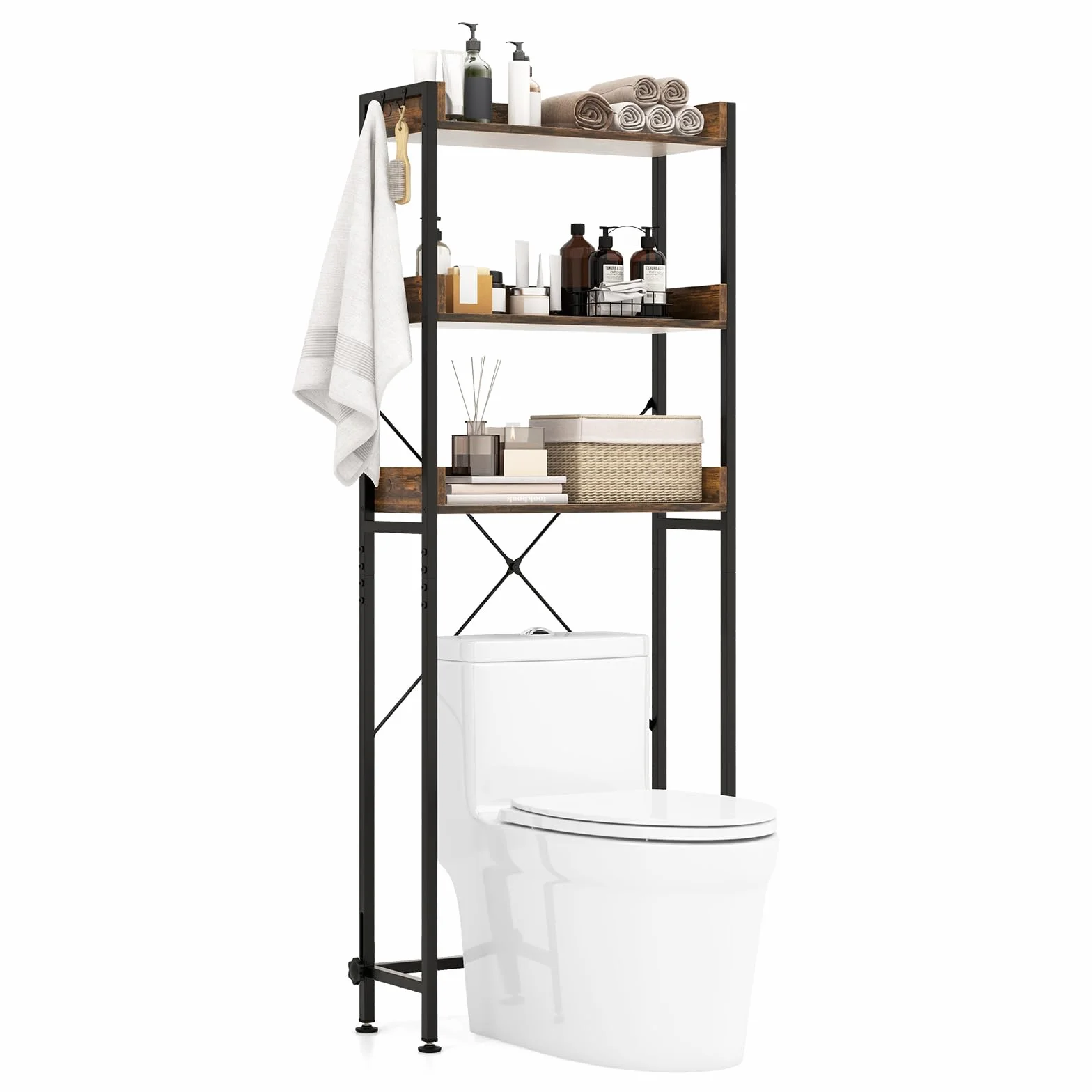 LIFEZEAL Mueble sobre indoro, Estante de 3 Niveles con 4 Ganchos, Mueble de almacenaje de baño, Estilo Industrial, Dispositivo antivuelco (Marrón)
