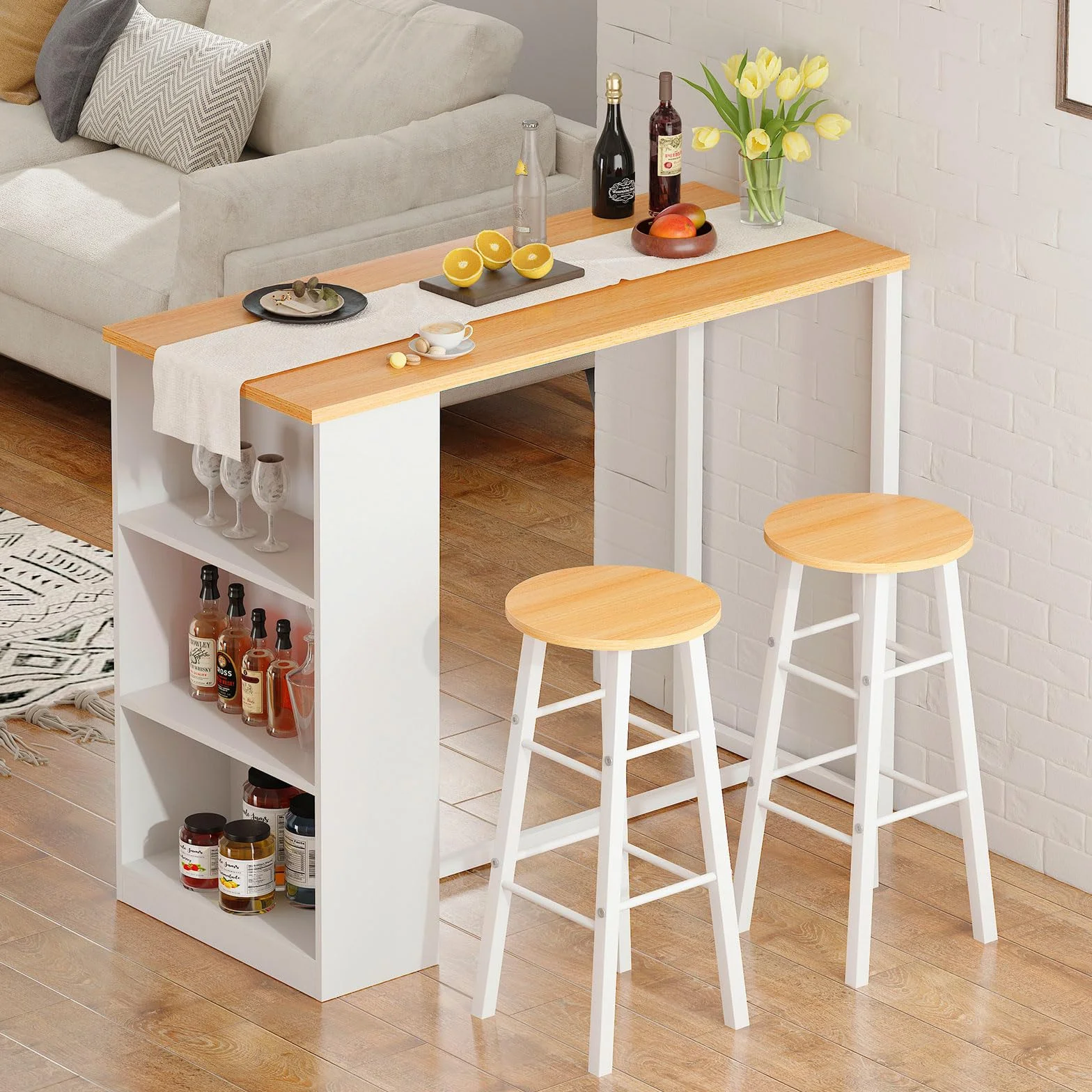 Soges Bar Set Con Mesa y 2 Taburetes Altos, Mesa Bistro de Pub Con Estantes de Almacenaje de 3 Niveles Para Cocina y Comedor