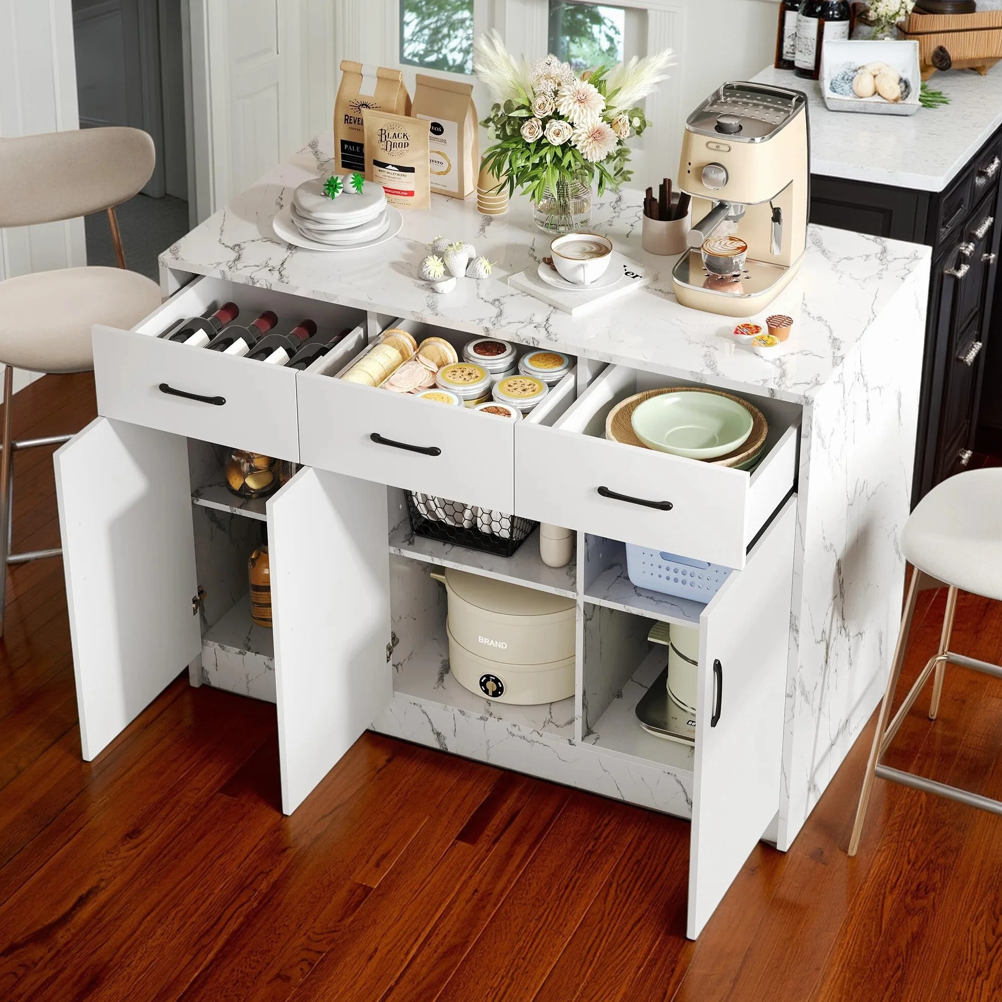 Gran Isla de Cocina, Mueble de mármol con Espacio de Almacenamiento, Mesa de Comedor con 3 cajones y 3 Puertas, Carrito de Bar, 120x60x90,5 cm, Blanco