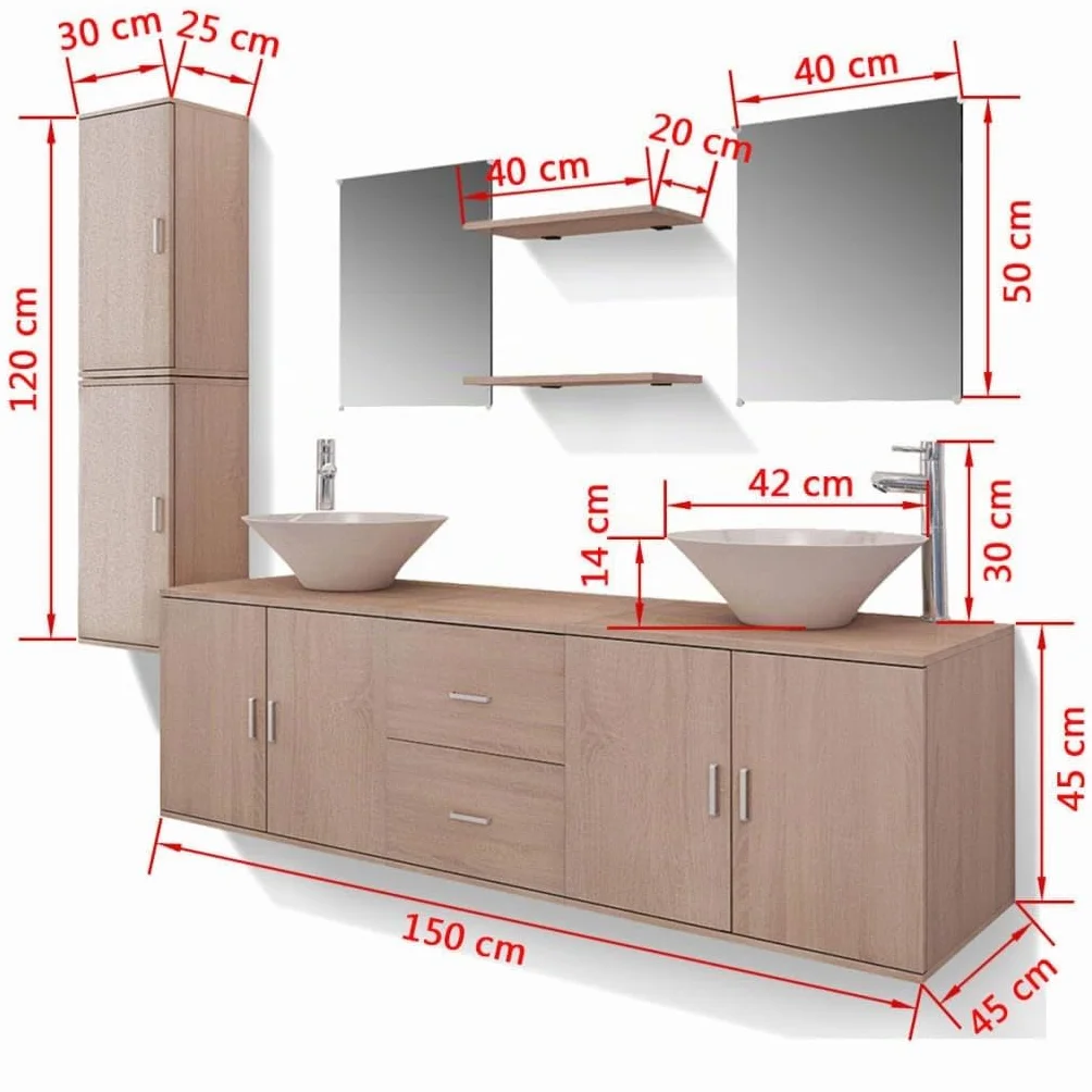 vidaXL Set Muebles Baño Lavabo Grifo Incluido Pack 11 Piezas Beige