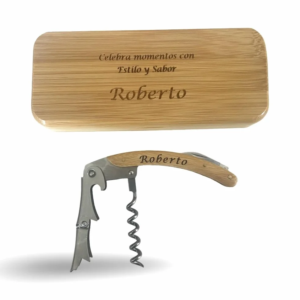 Sacacorchos Profesional Personalizado Bambú Natural Estuche Eco-Friendly Regalo
