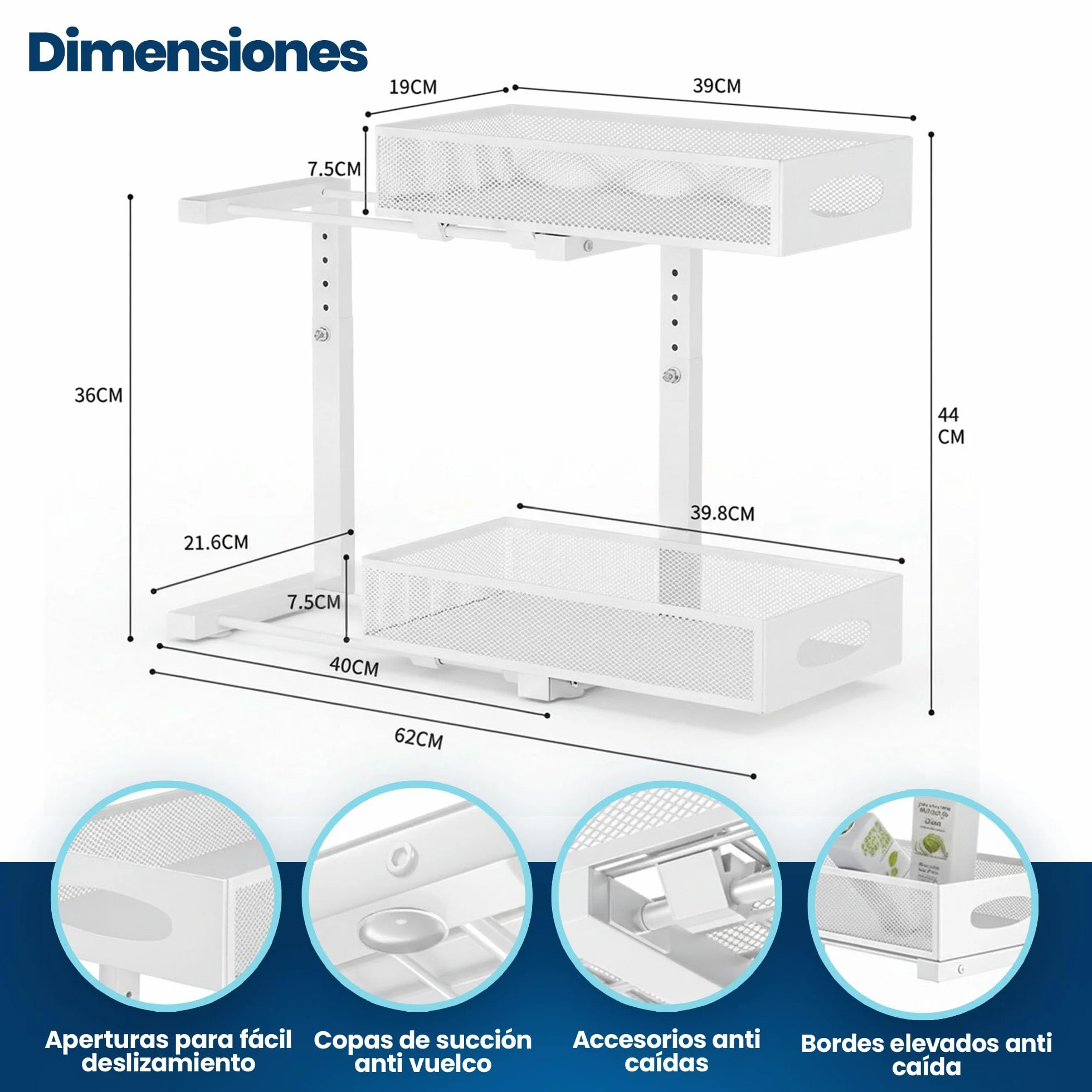 MARFRAND Organizador Bajo Fregadero. Organizador Armario Cocina. Bandeja Extraible Armario. Con accesorios anti vuelco. Incluye Colgador para Esponja de Cocina para Fregadero.