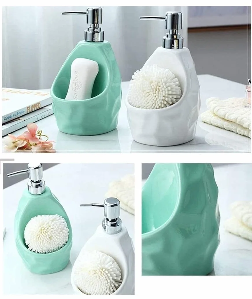 Dispensador de Ducha Dispensador De Jabón Dispensador con Soporte para Esponja, Dispensador De Jabón para Platos De Cerámica, Botella con Bomba Y Soporte para Esponja Dosificador de Jabón Dispensador