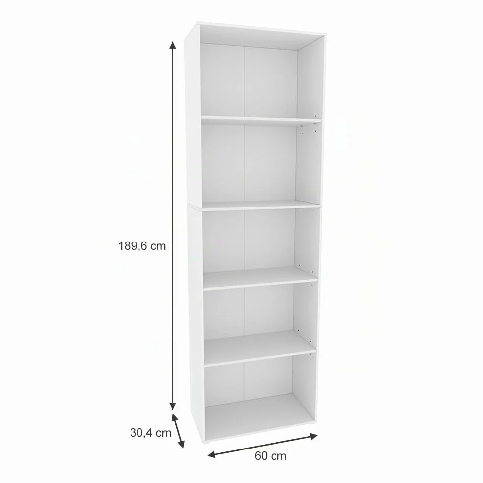 Vicco Librería Bob, Blanco, 60 x 190 cm | con 5 compartimentos, para almacenar y presentar libros y carpetas