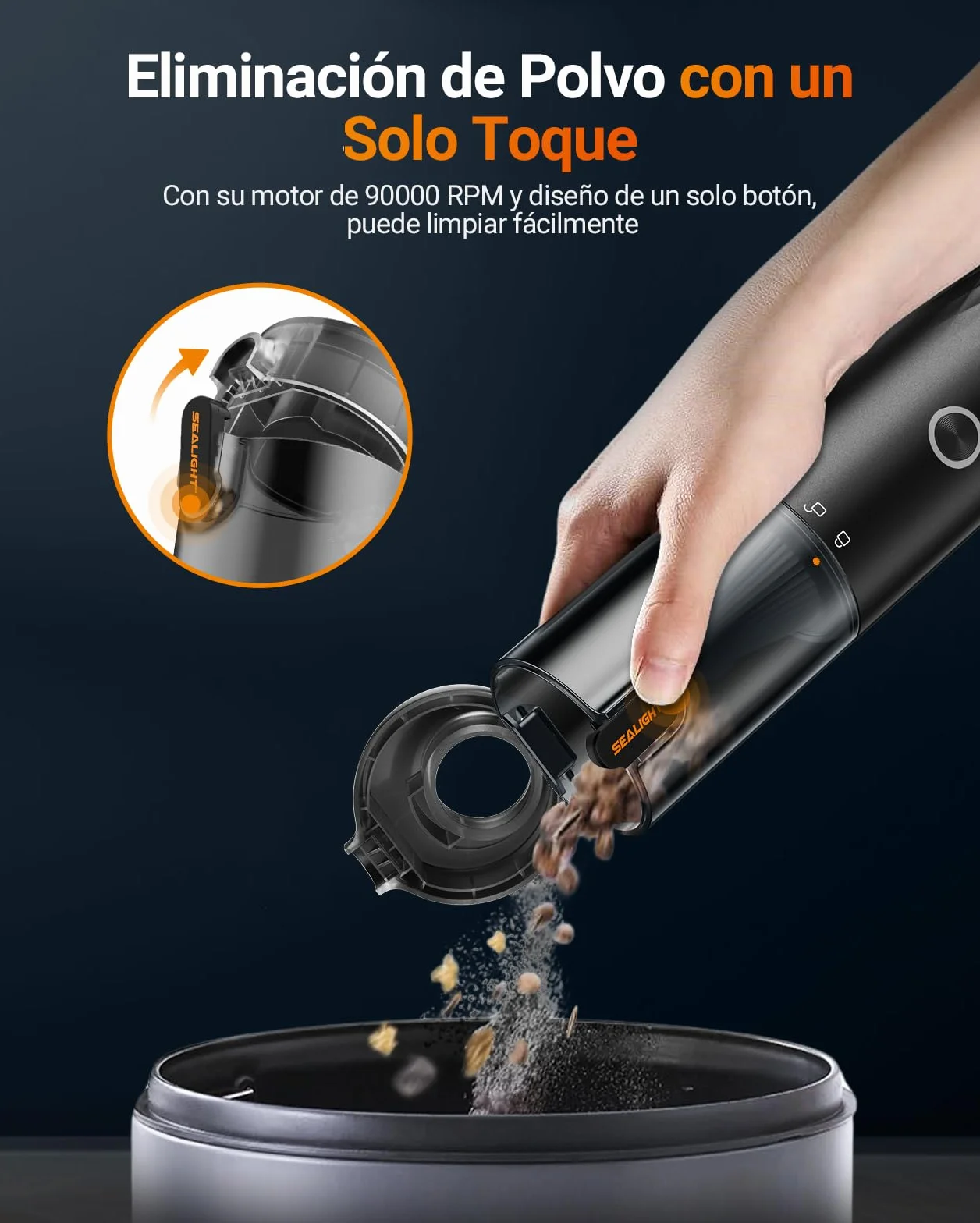 SEALIGHT Aspirador de Mano, 29000Pa Mini Aspirador Recargable con 40 Minutos Duración Batería, 4 en 1 Aspiradoras de Mano con Motor sin Escobillas, 2 Niveles Aspirador sin Cable para Coche