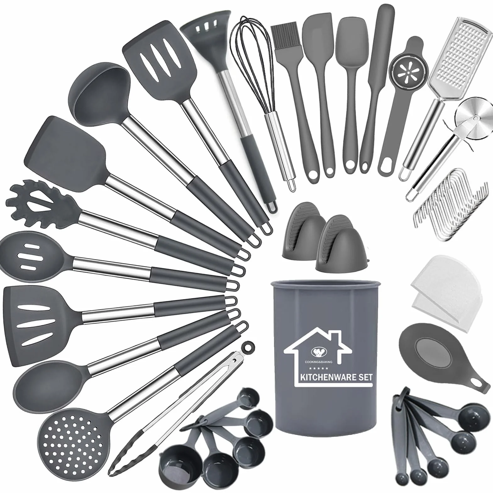 Juego de utensilios de cocina, juego de utensilios de cocina de silicona, espátula y cuchara, utensilios de cocina antiadherentes y resistentes al calor con mango de acero inoxidable, 44 piezas,