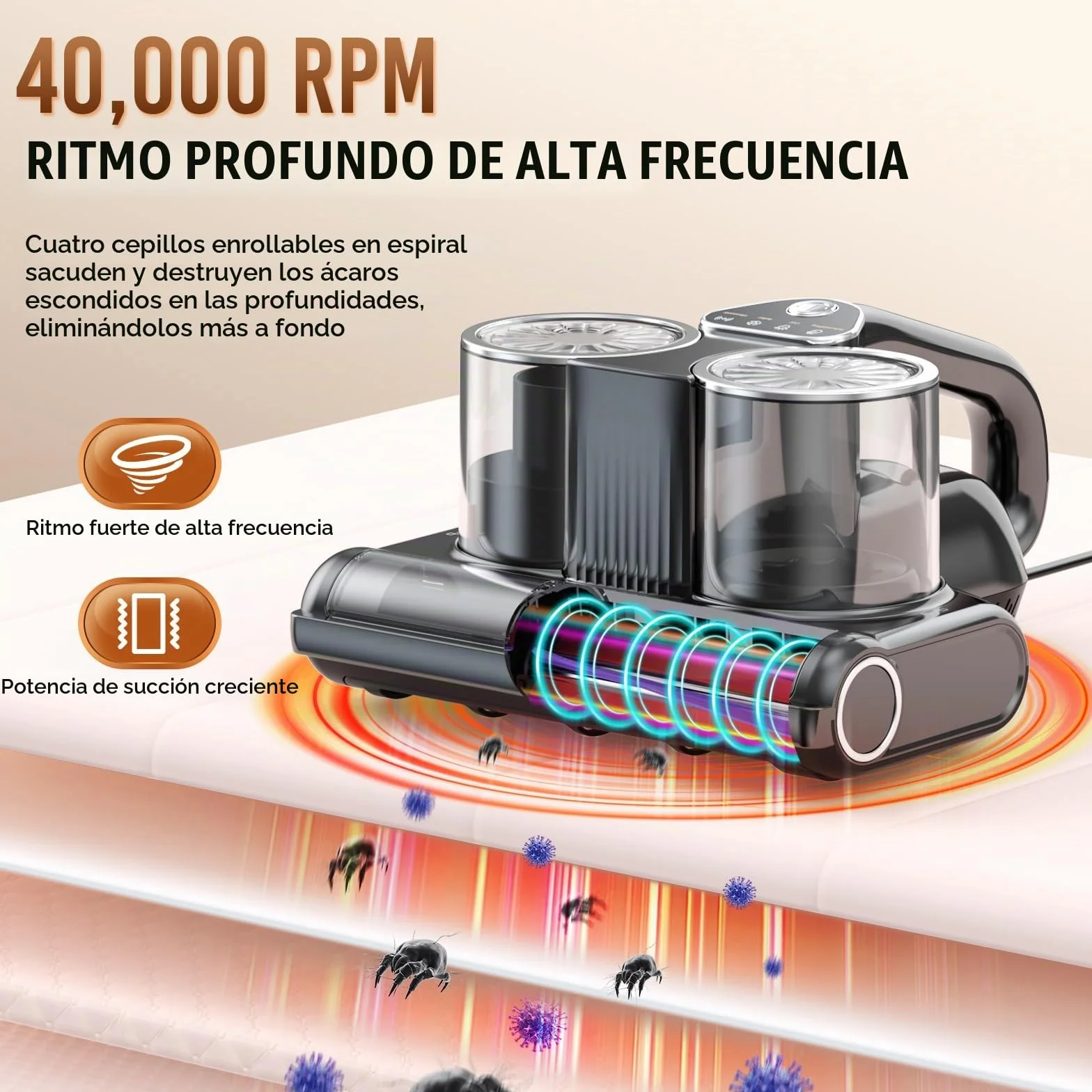 16Kpa Aspirador de Mano, Aspirador Antiácaros para Ácaros con Luz UV, 500W Handabsauger mit Kabel (Gris Oscuro)