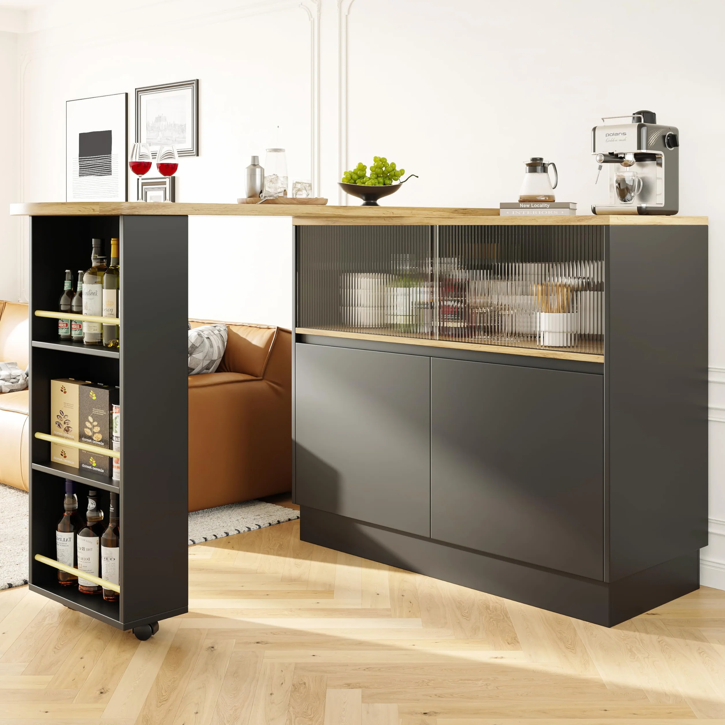 Comestible giratorio 360° (cuerpo principal 90 x 45 x 100 cm), moderno, simple, multifuncional, giratorio con estantes y cristal, adecuado para cocinas y restaurantes (negro)