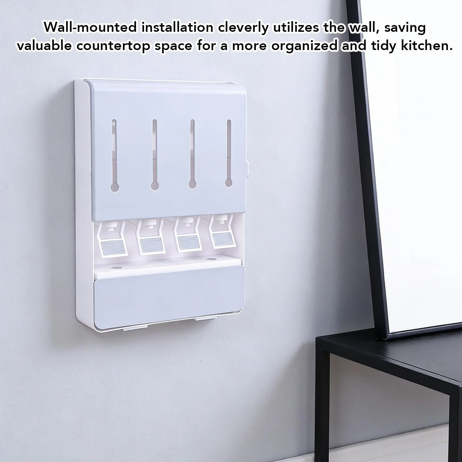 Yosoo Health Gear Estante para Especias Montado en la Pared con 4 Frascos de Vidrio Caja de Almacenamiento de Condimentos ABS 11.8 X 16.5 Pulgadas para Encimera de Cocina Ahorro de Espacio Aceite