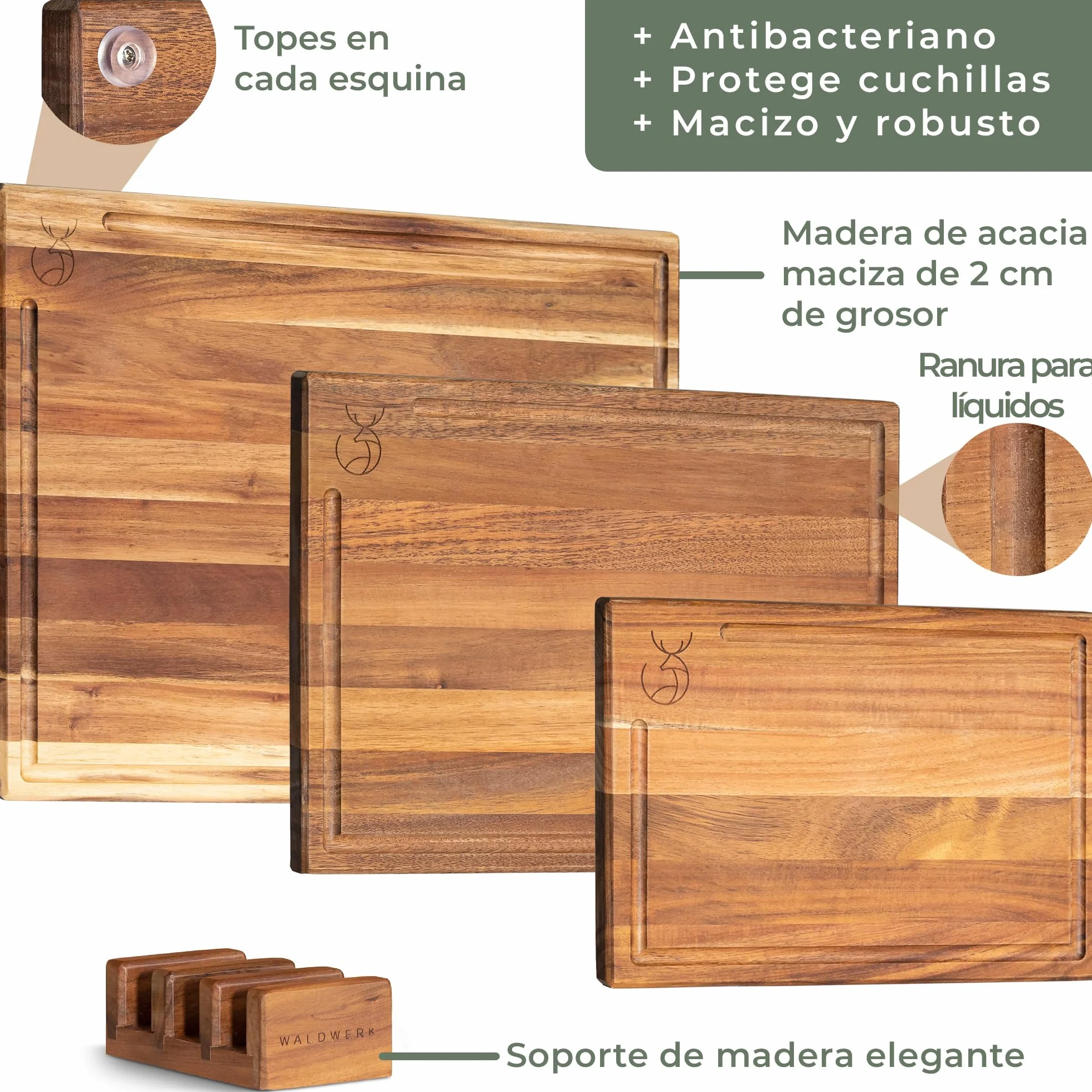 WALDWERK Tablas de Cocina Madera Maciza Acacia Juego 3 Tablas Cortar con Soporte 40x30 cm