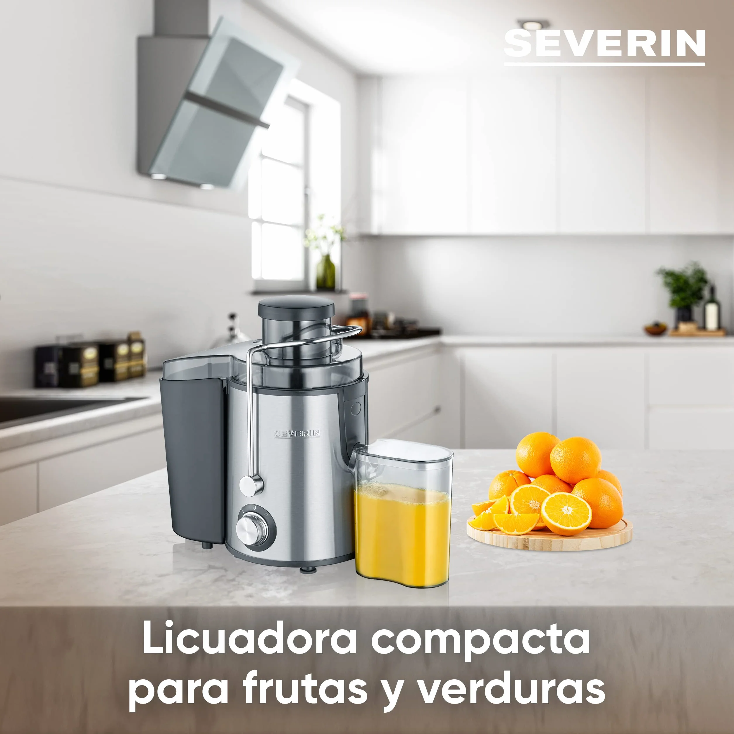SEVERIN Licuadora para verduras y frutas ricas en vitaminas, extractor de zumo silencioso, licuadora eléctrica de acero con recipiente recolector de 500 ml, plateado/negro, ES 3566