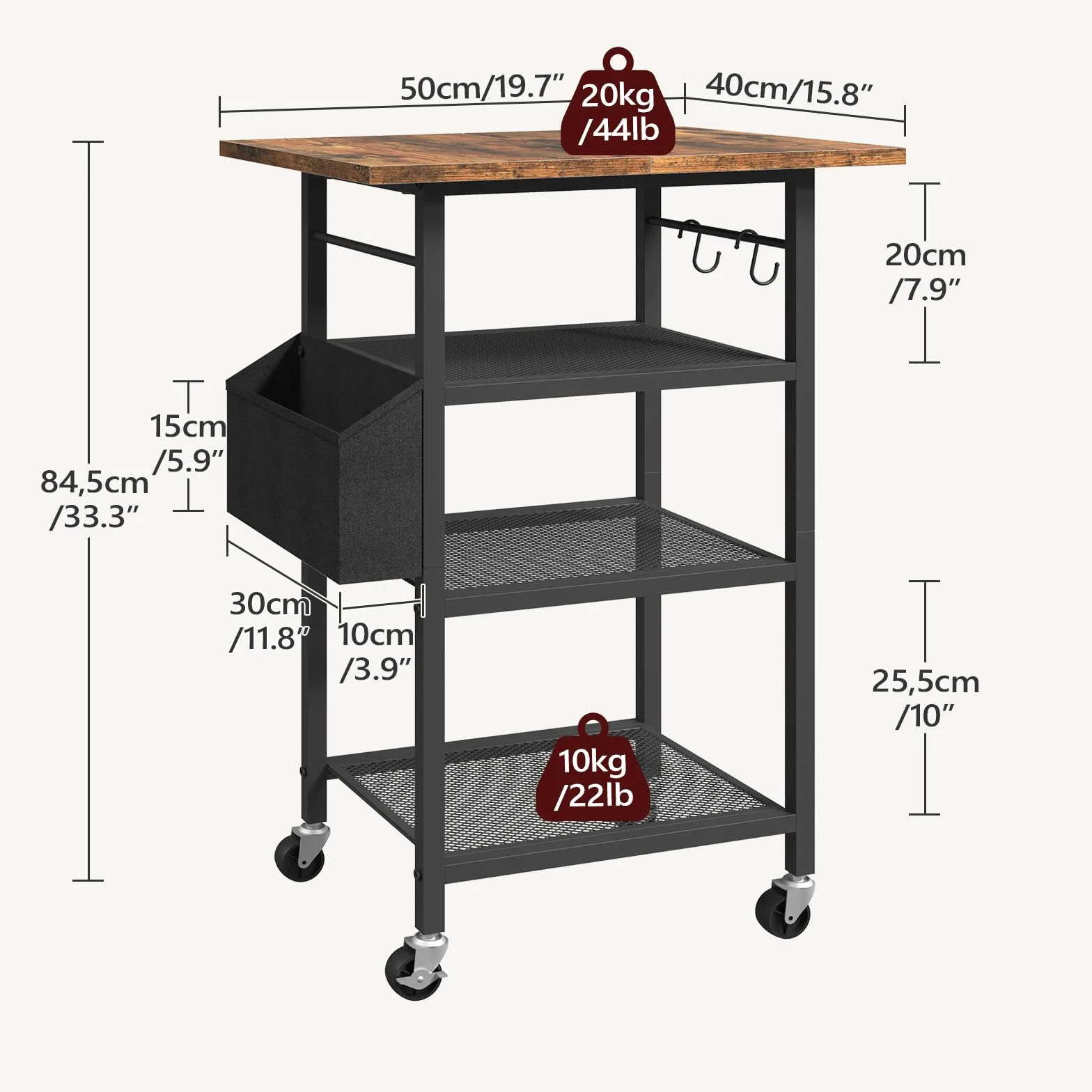 MAHANCRIS Soporte de Impresora de 4 Niveles, Mesa de Impresora con Ruedas, Estantería de Estilo Industrial, con Bolsillo Lateral, Estantes de Rejilla Metálica, 2 Ganchos,Marrón Rústico y Negro