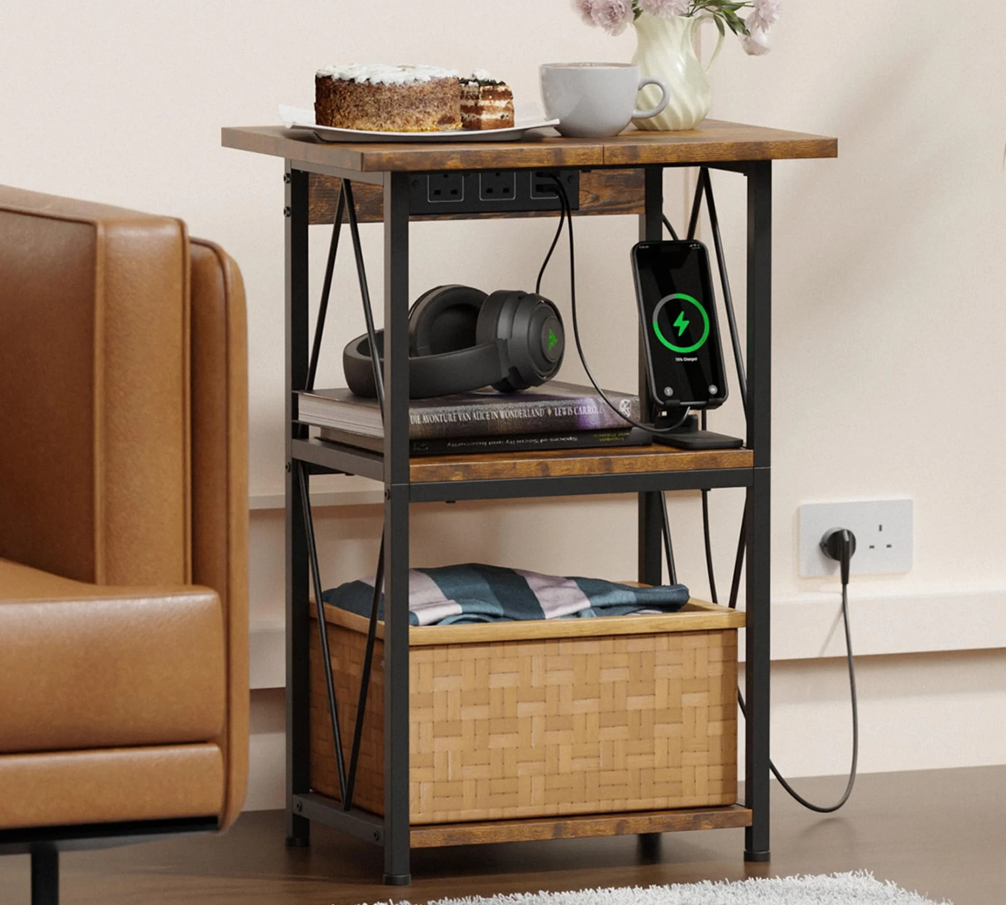 HFHOME Soporte ampliado para tocadiscos con estación de carga, mesa auxiliar de 3 niveles con almacenamiento de discos de vinilo, mesa de tocadiscos con almacenamiento, soporte giratorio para