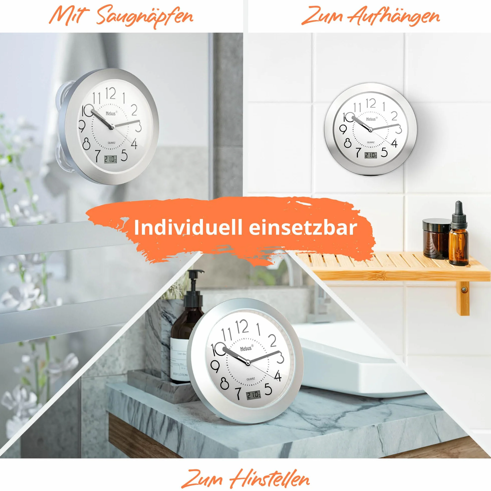 Reloj de baño de Cuarzo con Pantalla Digital, Marco de Aluminio, Blanco