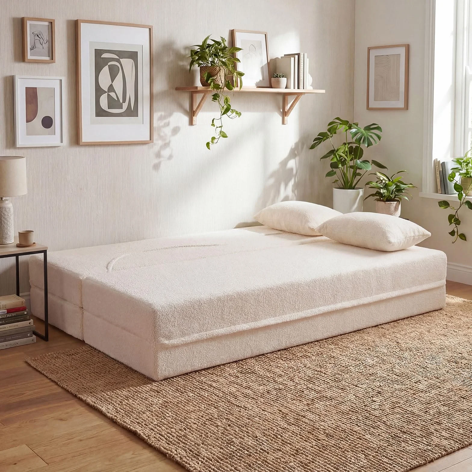 COSTWAY Sofá Cama de 2 Plazas, 192,5 cm, Sofá Convertible en Cama 2 en 1 de Tela de Polar Teddy con 2 Almohadas, sin Montaje, Sofa Comprimido de 2 Plazas sin Marco para Salón Cuarto Invitados (Blanco)