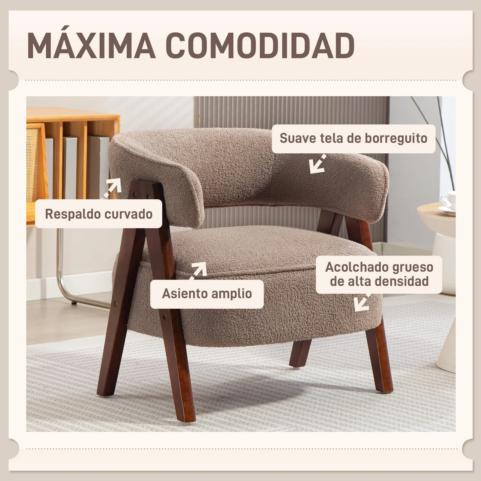 HOMCOM Butaca de Salón Tapizada en Borreguito, Sillón de Lectura Acolchado Grueso y Moderno, Asiento Ancho, Patas de Madera, Respaldo Curvado, para Dormitorio, Oficina, Marrón Claro