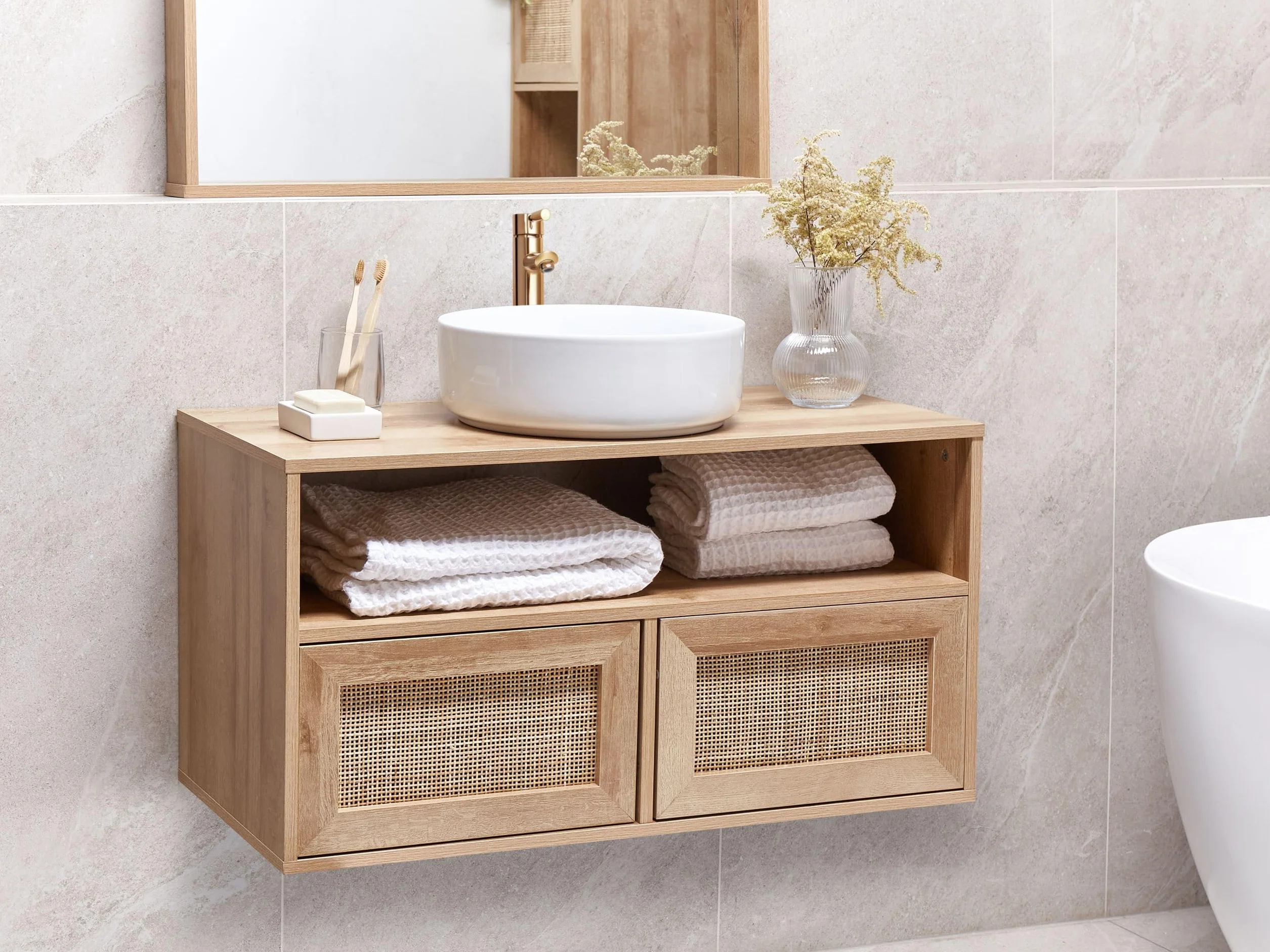 Beliani Mueble Flotante para baño Boho Frente de ratán Trenzado 86 x 45 cm Madera Clara Rosell