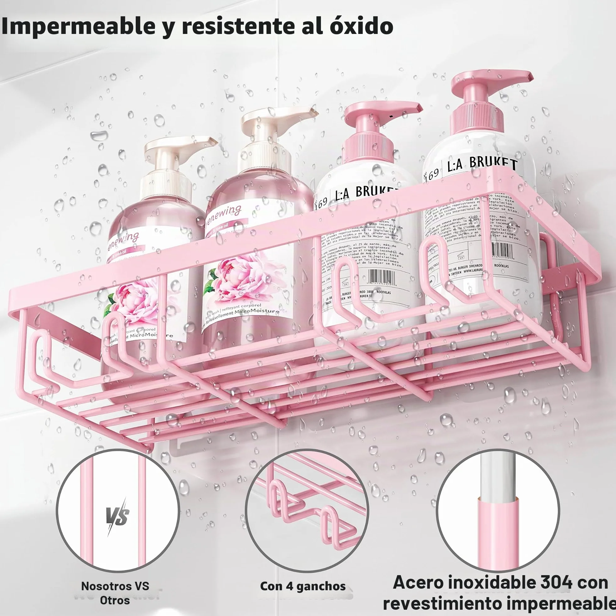 Liuoud Paquete de 5 estantes organizadores de ducha para regadera interior, cesta de almacenamiento adhesiva de pared de baño de acero inoxidable, soporte de champú de acero inoxidable, juego de