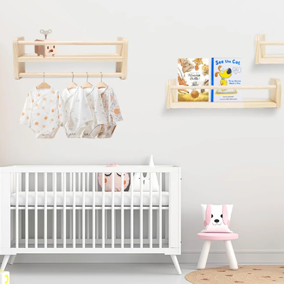3 Piezas 40cm Estantes Flotantes para Guardería Estanteria Libros con Barra Protectora Flotantes Baldas Pared Madera Pino Madera Estantes Organizadores de Libros für Libros de Cuentos,Revista