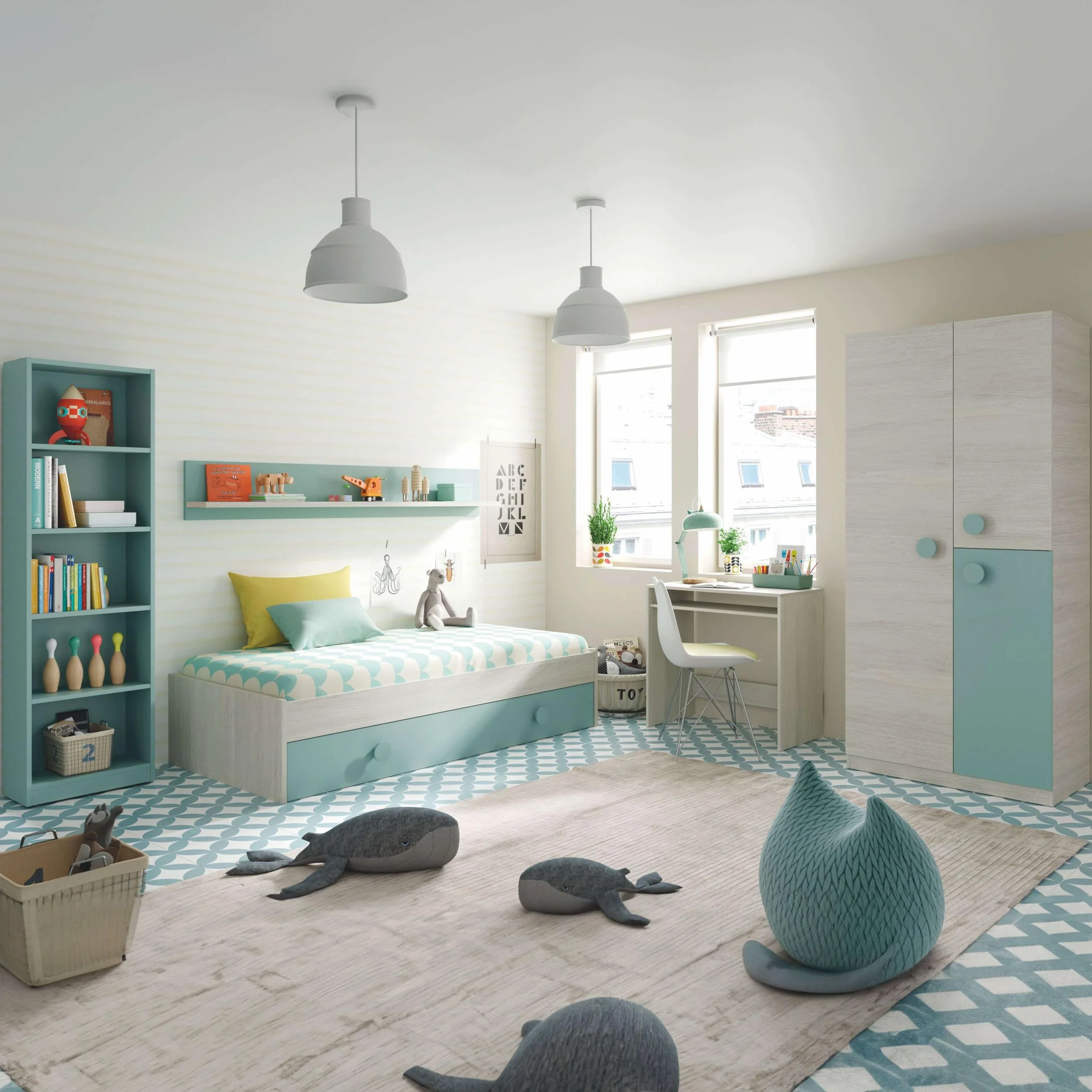 Miroytengo Dormitorio Completo para Habitación Juvenil o Infantil en Color Verde y Blanco con un Somier Incluido